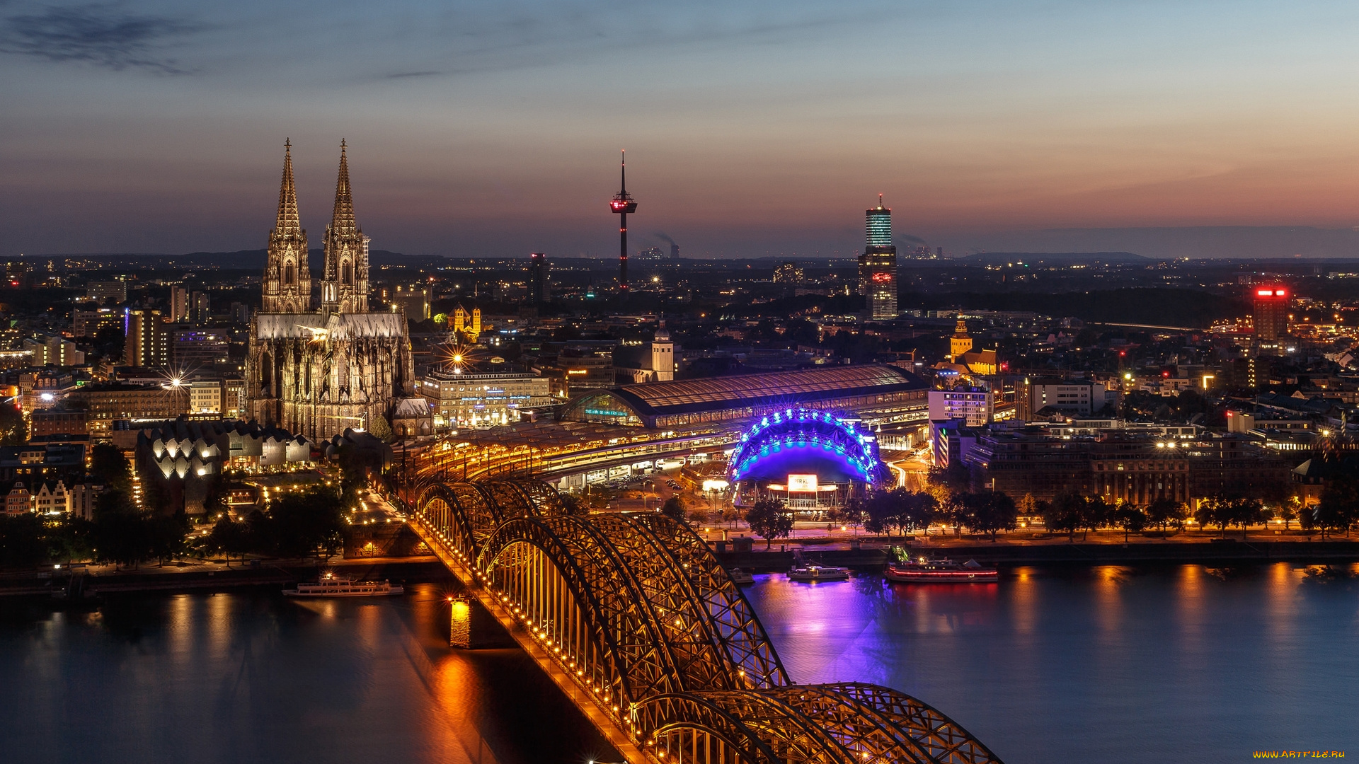 города, кельн, , германия, река, мост, вечер, огни