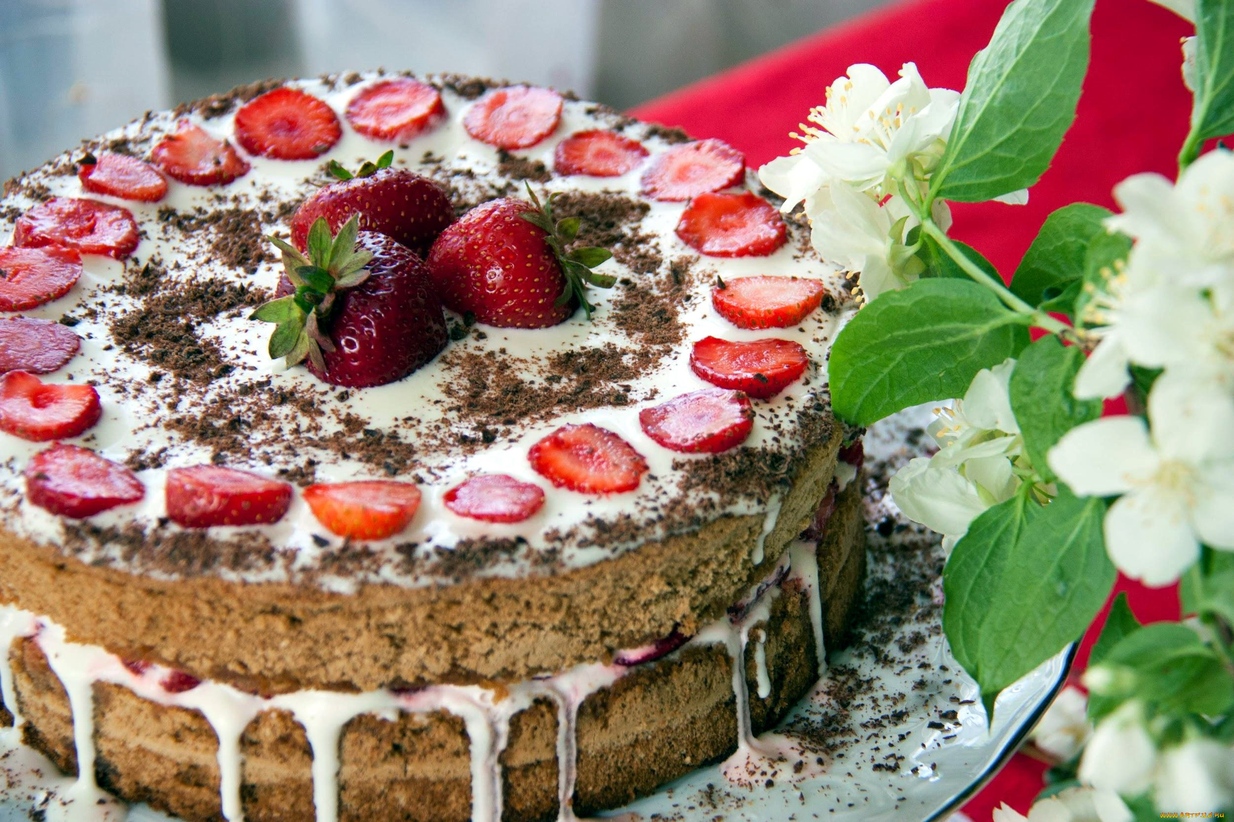 еда, торты, торт, клубника, крем