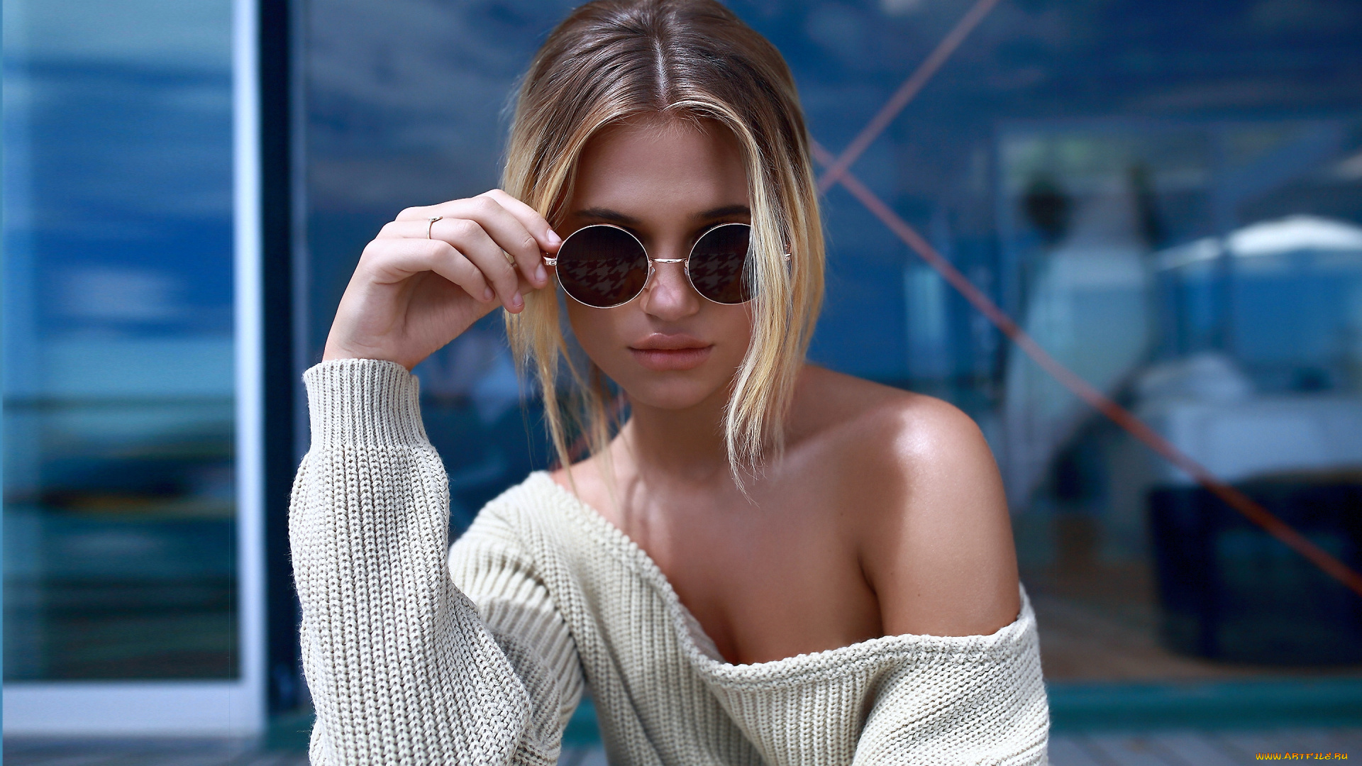 девушки, -unsort, , блондинки, , светловолосые, свитер, поза, очки