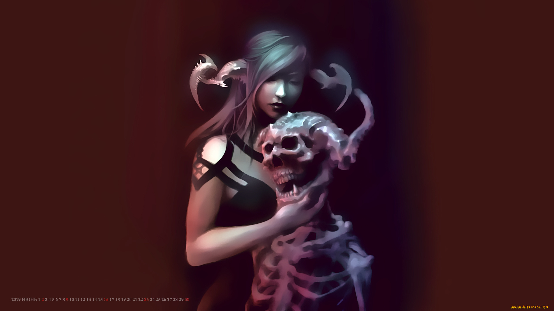 календари, фэнтези, 2019, calendar, женщина, существо, череп, рога, скелет, девушка