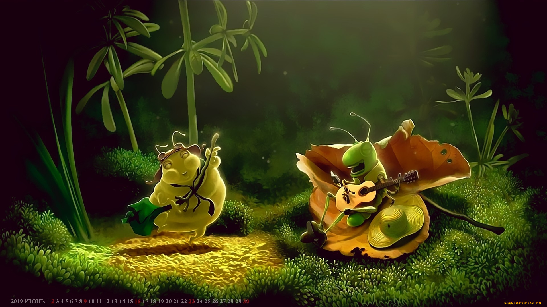 календари, рисованные, , векторная, графика, 2019, calendar, гитара, лист, растение, насекомое, кузнечик