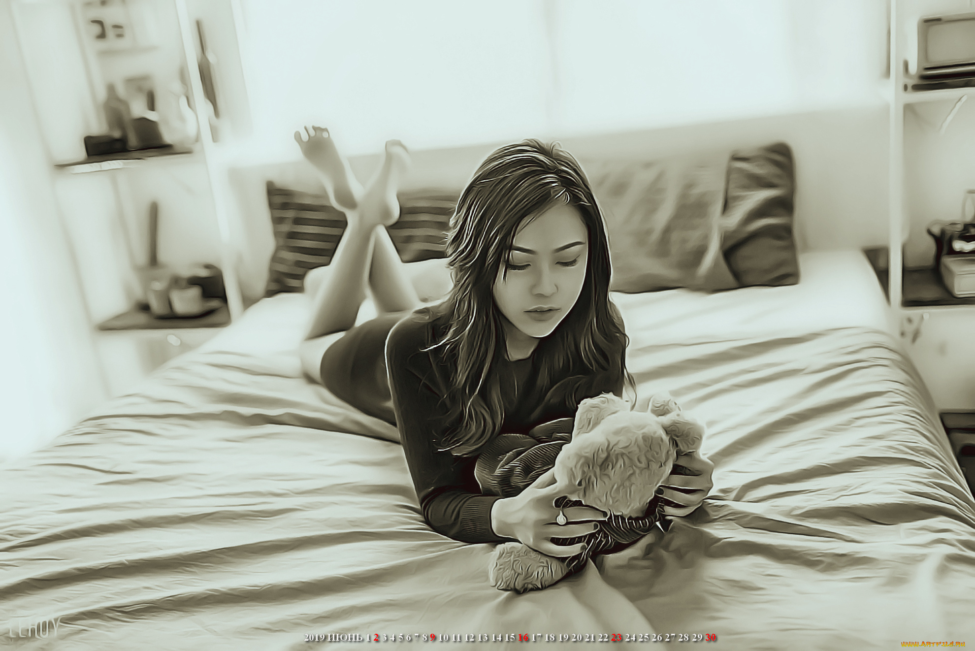 календари, компьютерный, дизайн, комната, девушка, 2019, calendar, мебель, игрушка, кровать