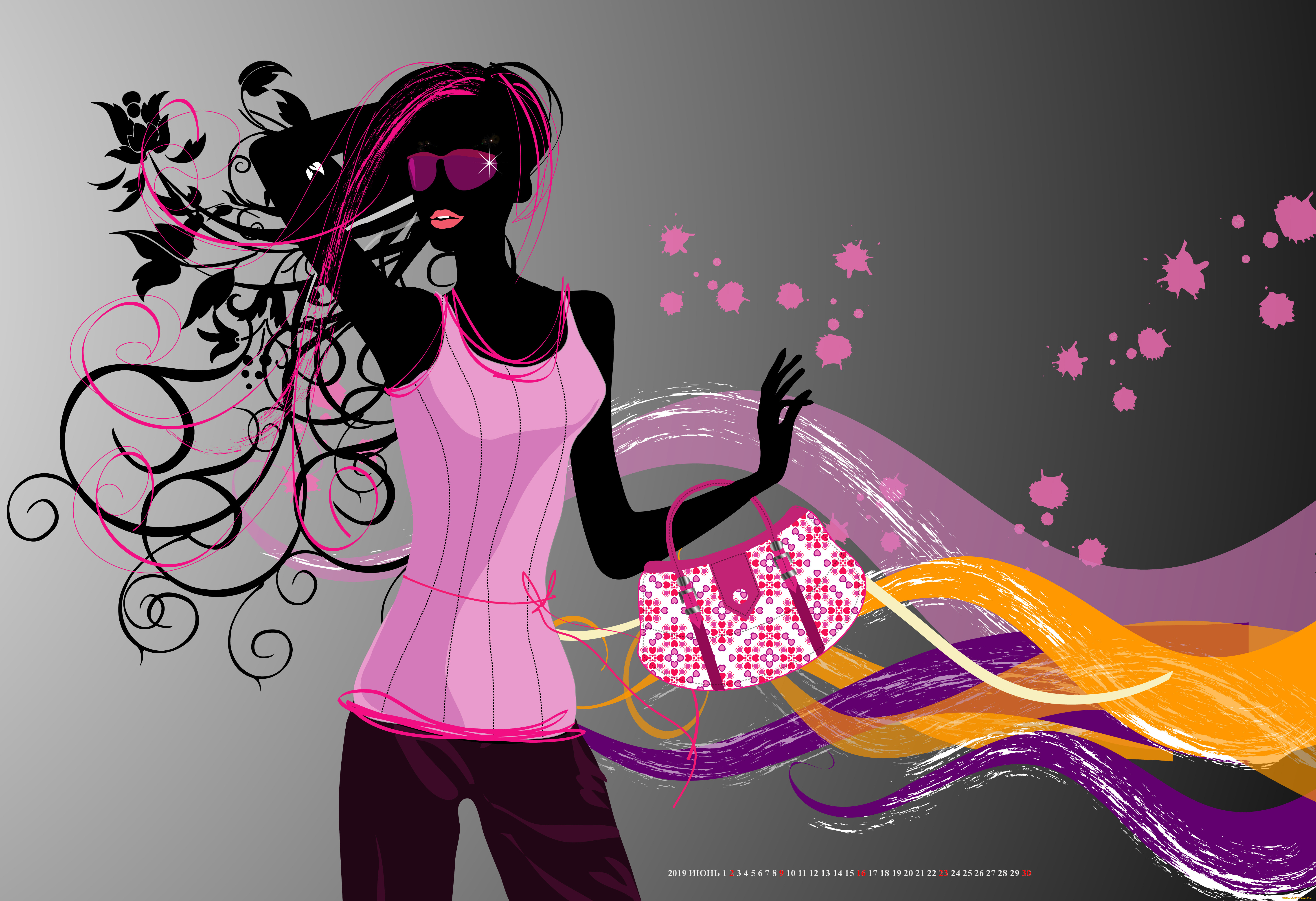 календари, рисованные, , векторная, графика, 2019, calendar, женщина, рисунок, узор, сумка, очки, девушка