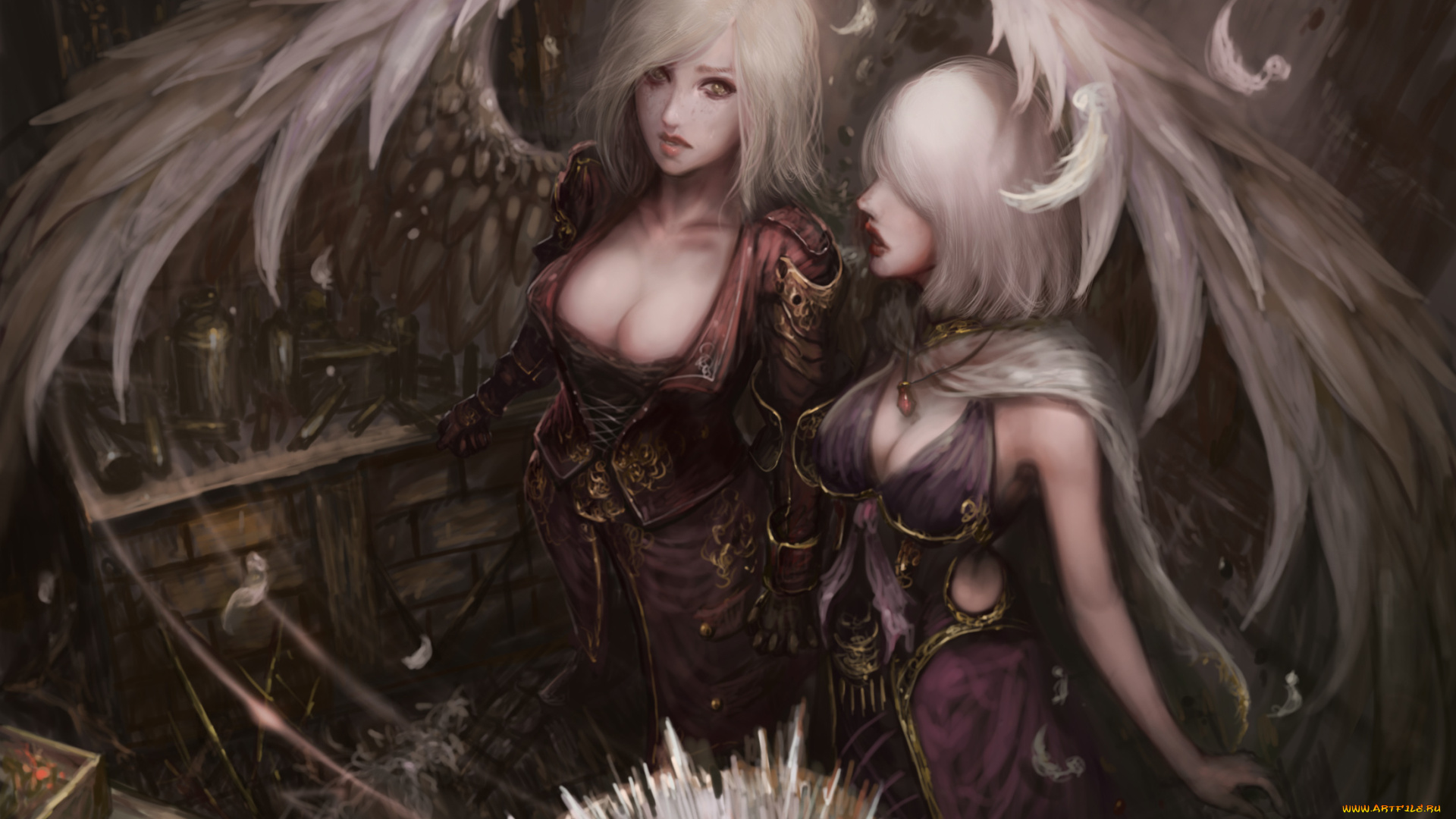 фэнтези, ангелы, девушки, фон, взгляд, униформа, крылья