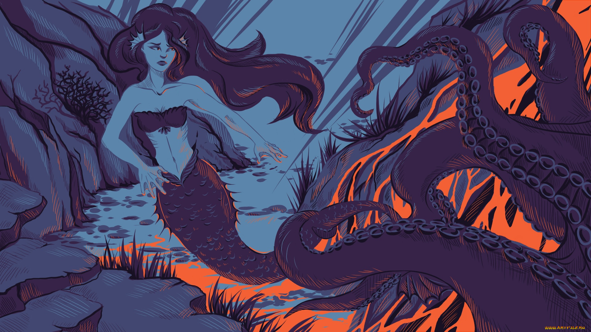 фэнтези, русалки, русалка, осьминог, щупальца, дно