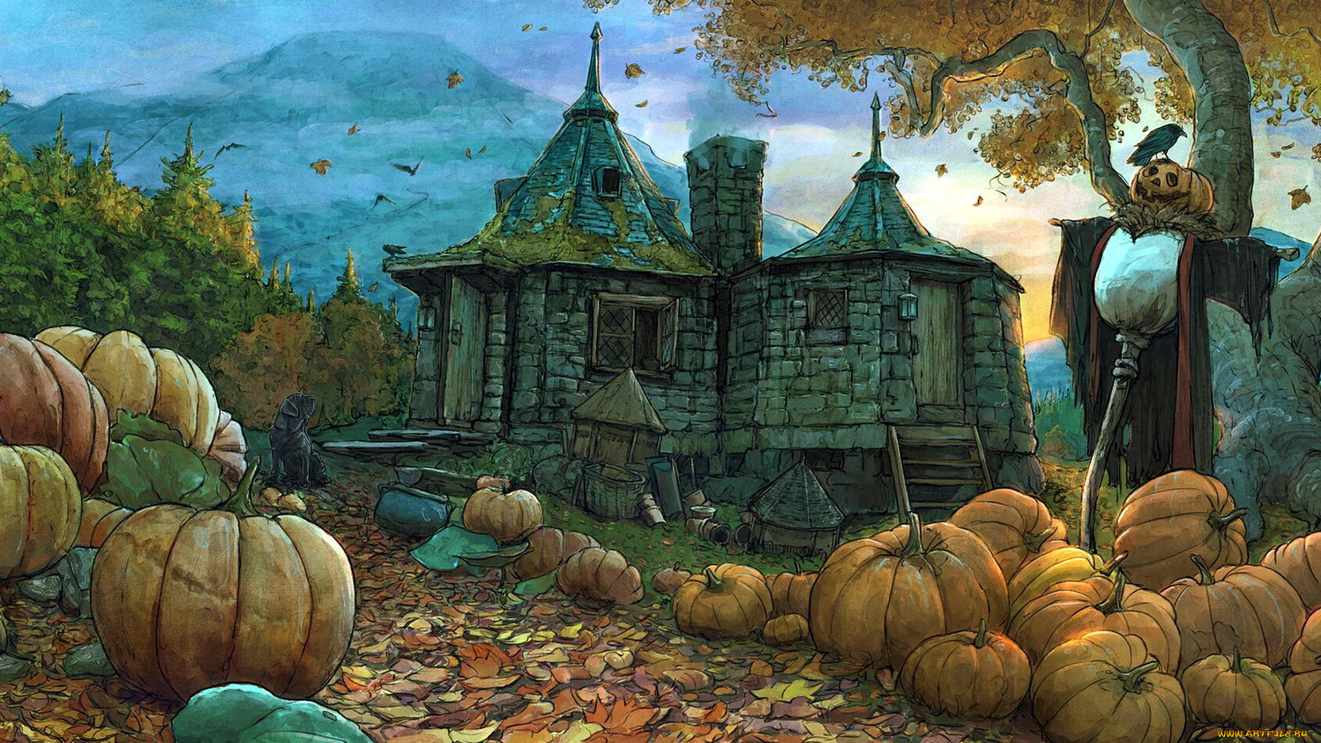 рисованное, кино, , мультфильмы, хижина, пугало, тыквы, собака, осень