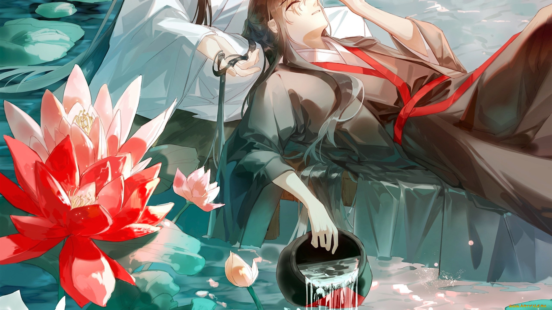 аниме, mo, dao, zu, shi, вэй, усянь, озеро, кувшин, лотосы, лань, ванцзы