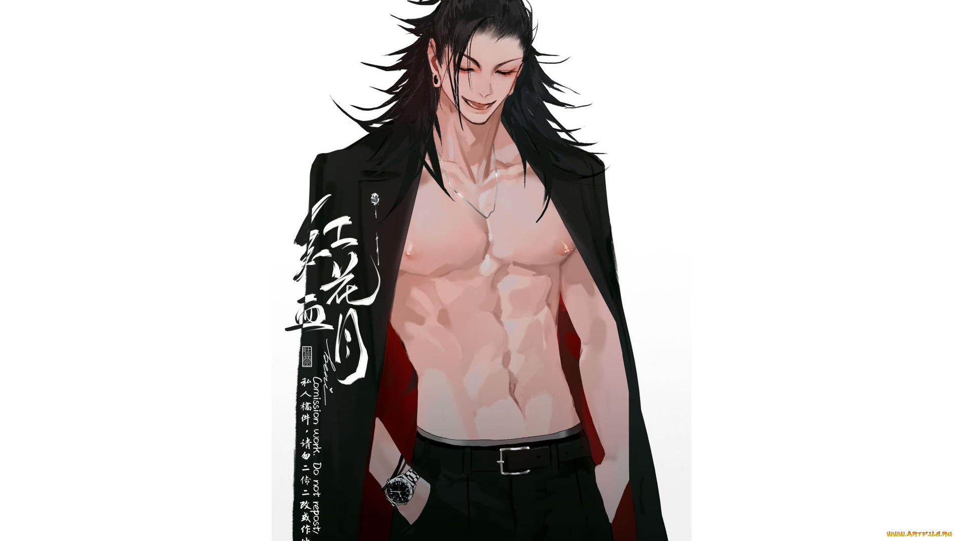 аниме, unknown, , другое, , парень, торс, пальто, часы