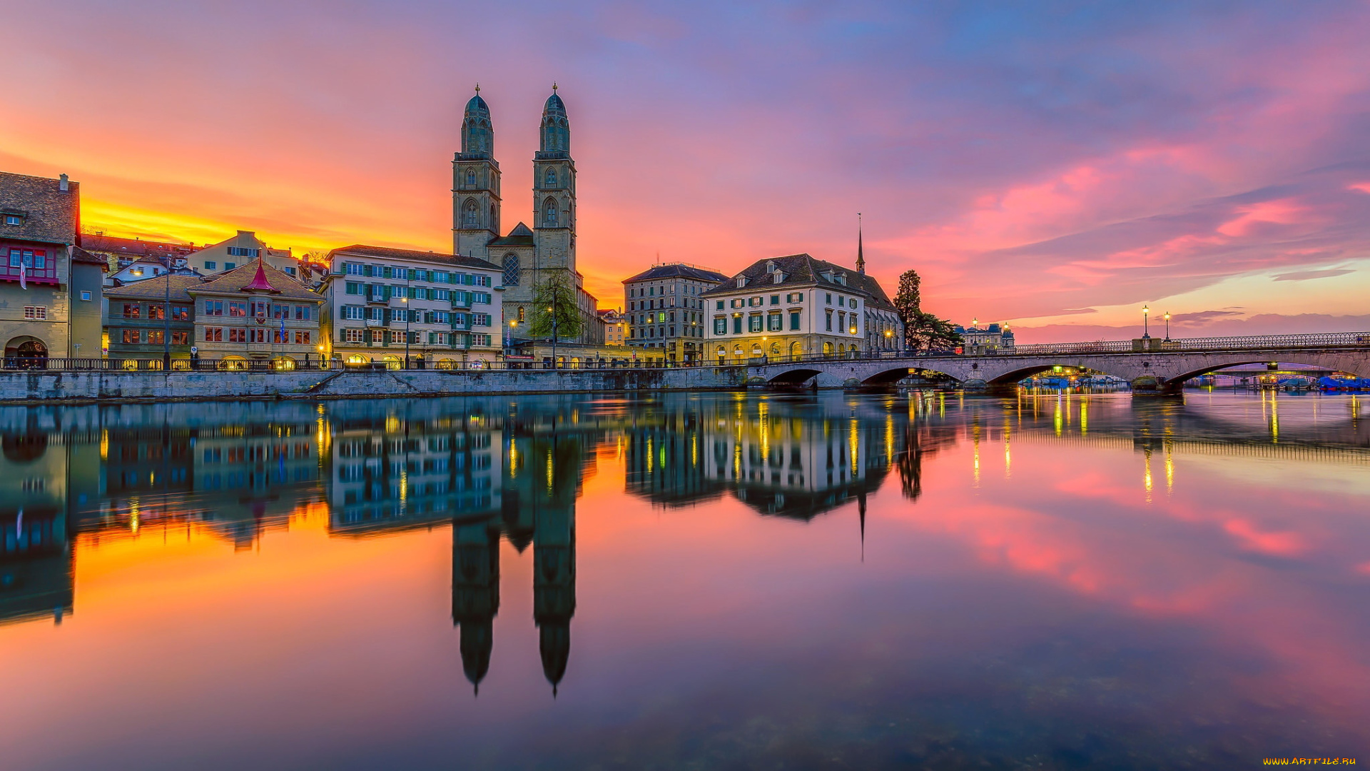 города, цюрих, , швейцария, река, мост, вечер, огни