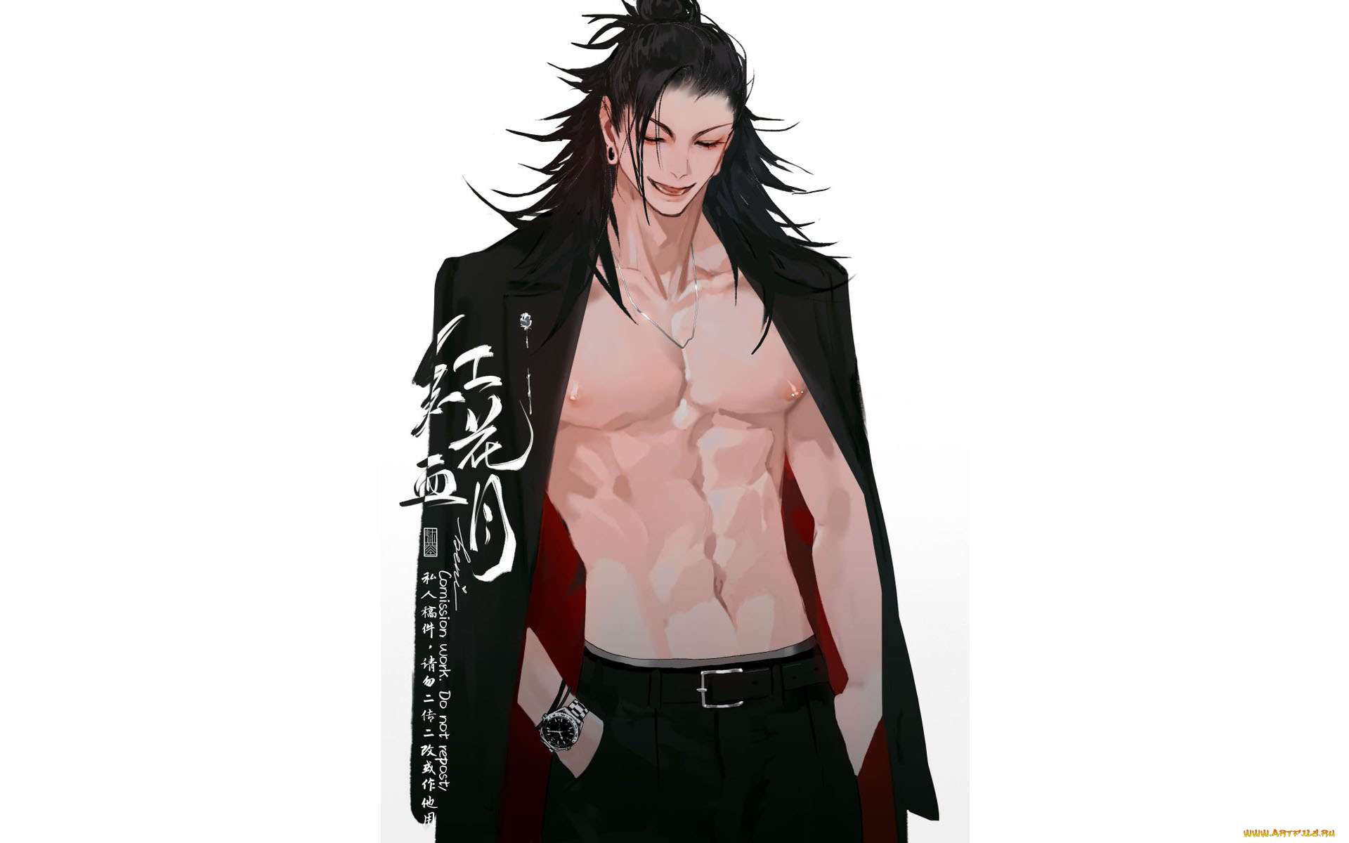 аниме, unknown, , другое, , парень, торс, пальто, часы