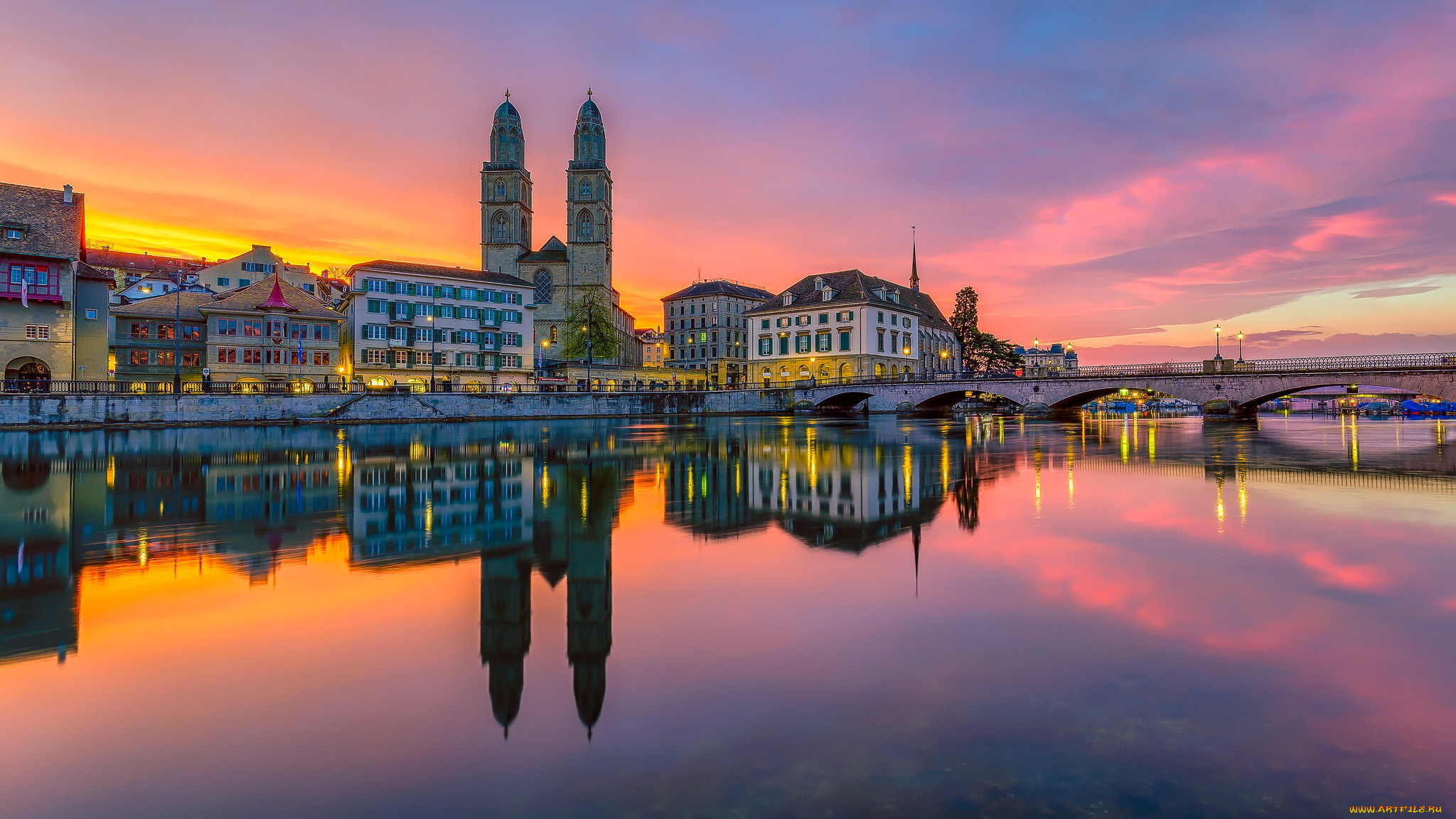 города, цюрих, , швейцария, река, мост, вечер, огни