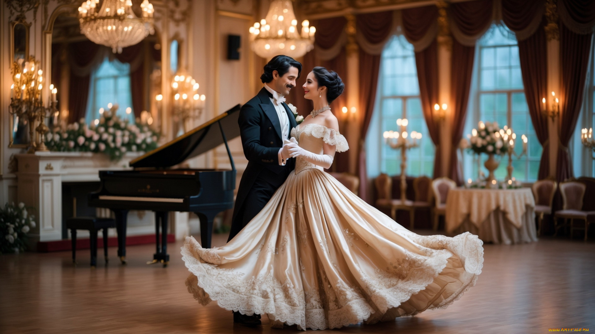 3д, графика, люди, , people, рояль, мужчина, женщина, бальное, платье, смокинг