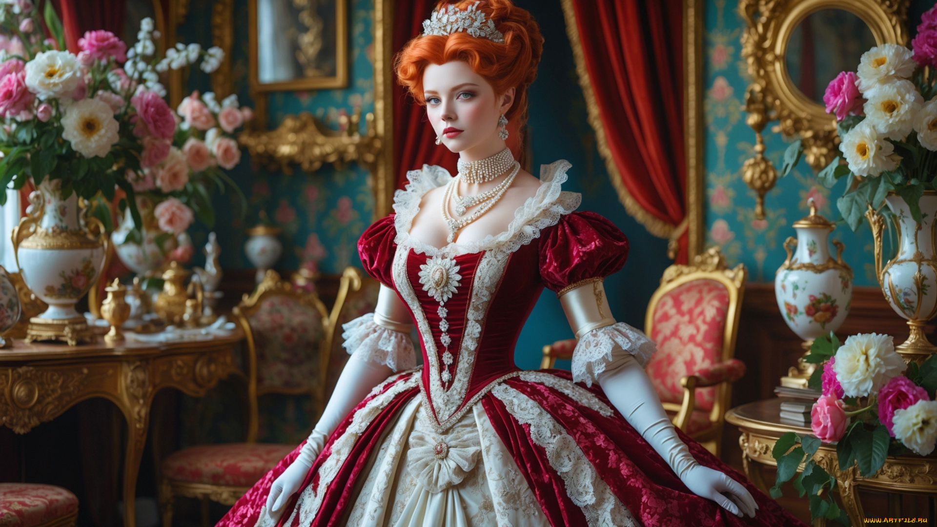 3д, графика, люди, , people, рыжие, волосы, старинное, платье, украшения