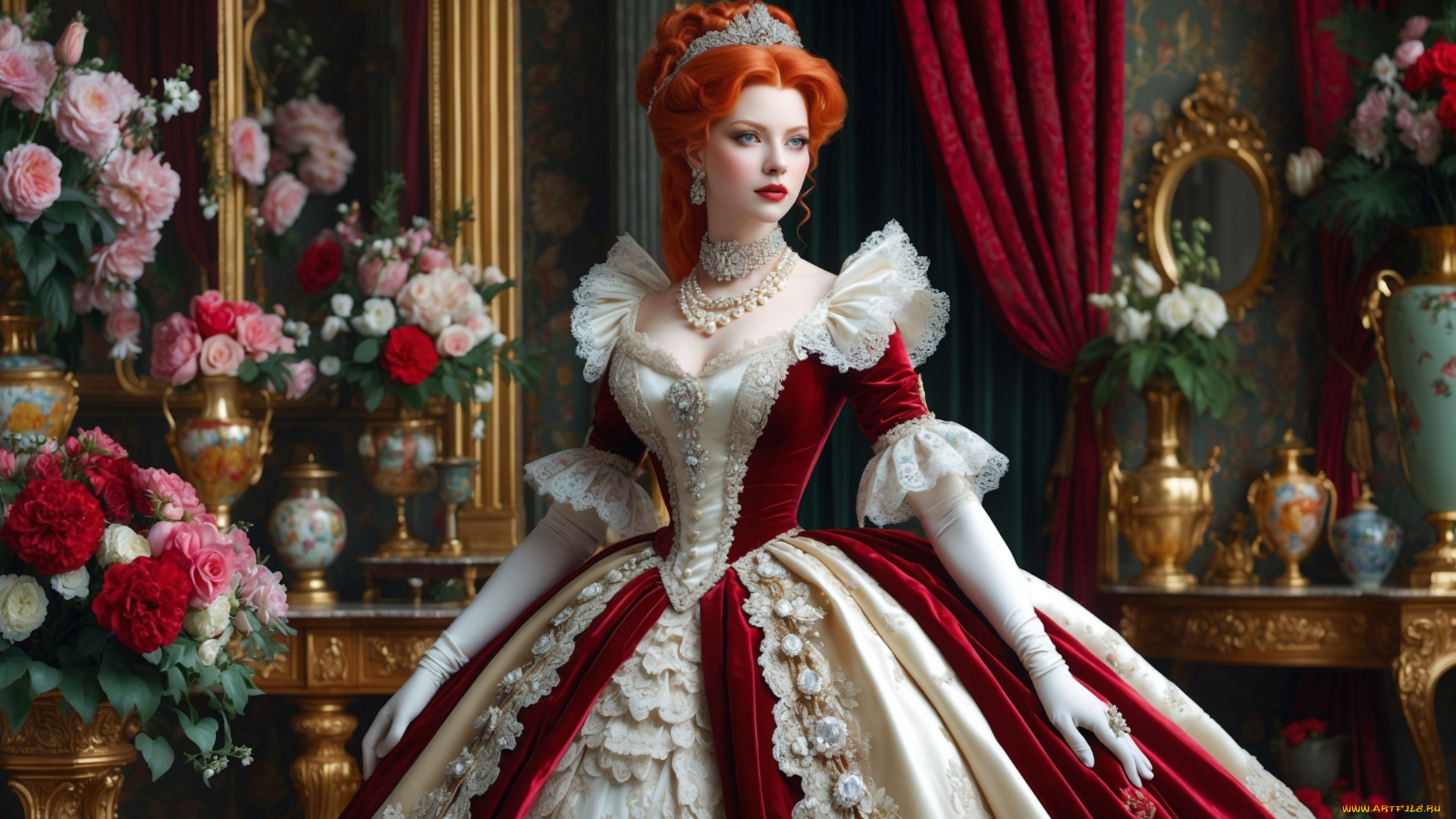 3д, графика, люди, , people, рыжие, волосы, старинное, платье, украшения