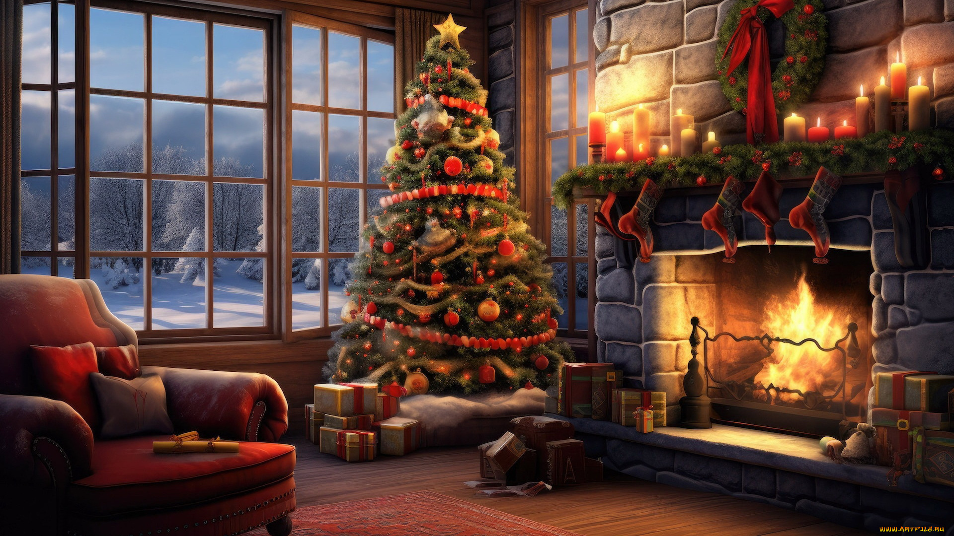 3д, графика, праздники, , holidays, камин, елка, кресло, огонь, подарки