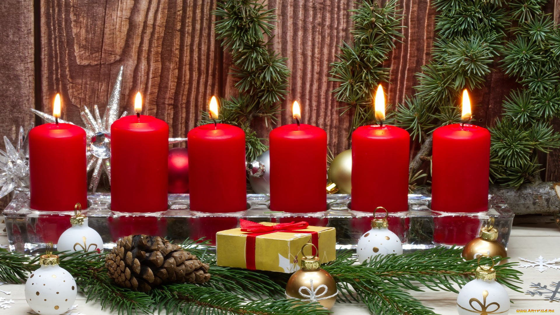 3д, графика, праздники, , holidays, шарики, шишка, свечи, огоньки, подарок