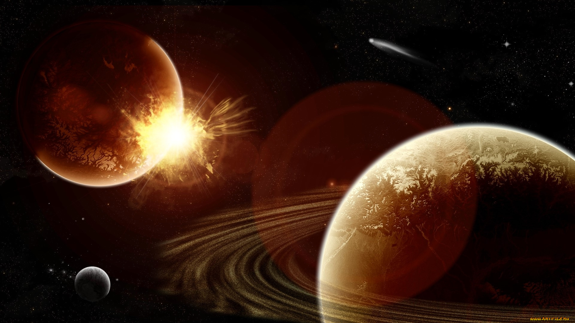 космос, арт, планеты, солнце, комета, звезды