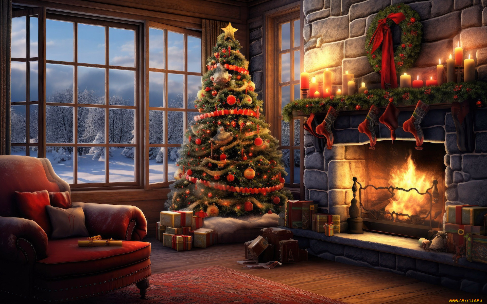 3д, графика, праздники, , holidays, камин, елка, кресло, огонь, подарки