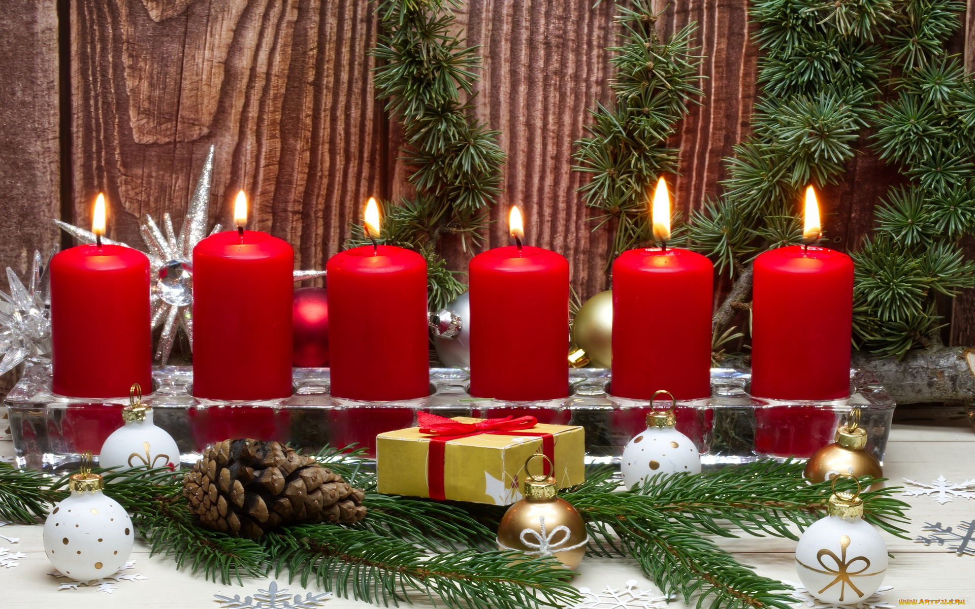 3д, графика, праздники, , holidays, шарики, шишка, свечи, огоньки, подарок