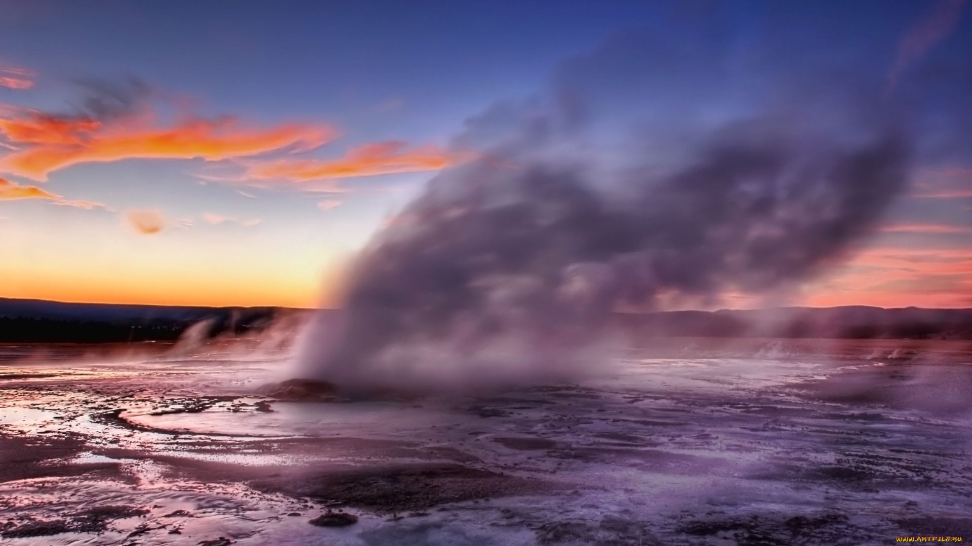 природа, стихия, закат, yellowstone, гейзер