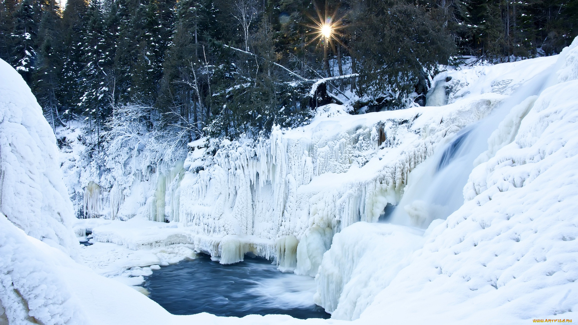 природа, водопады, снег, вода, лед, солнце
