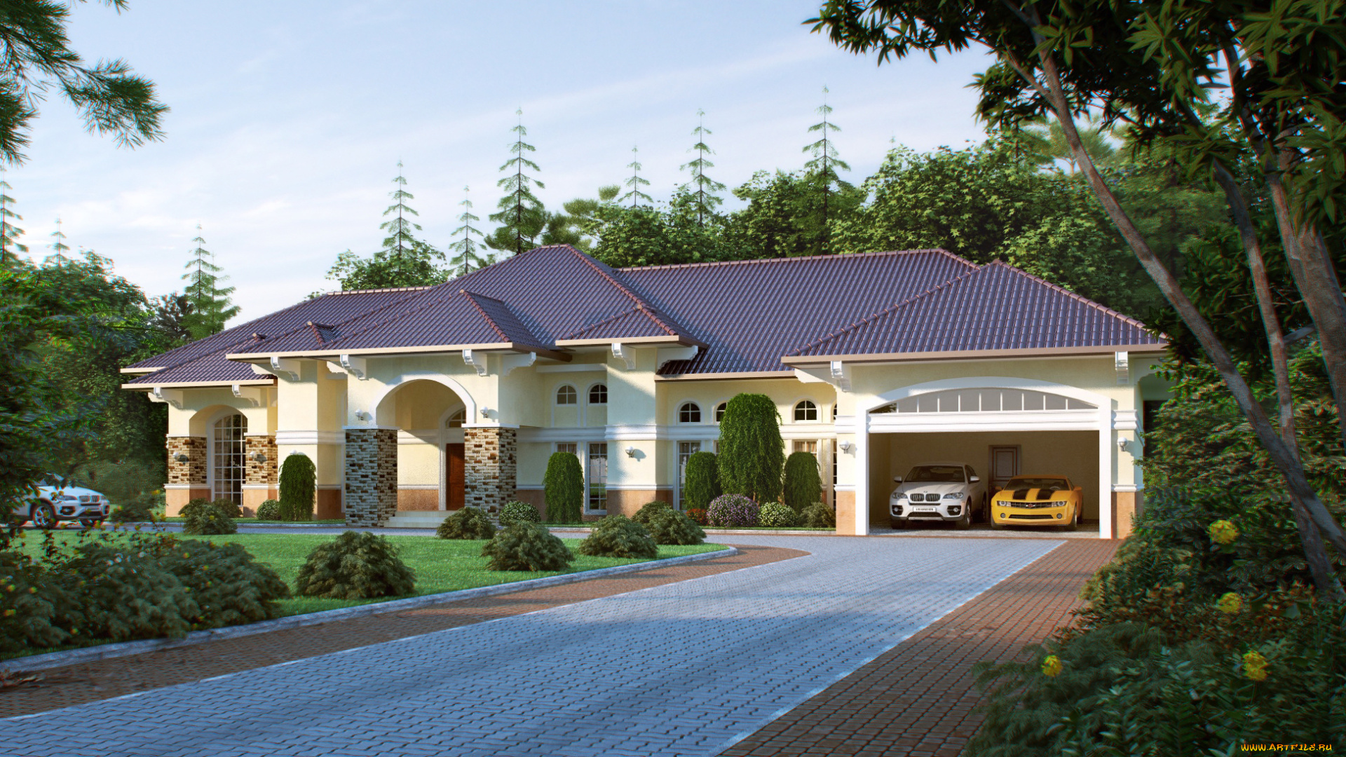 3д, графика, architecture, архитектура, дом, машины, деревья