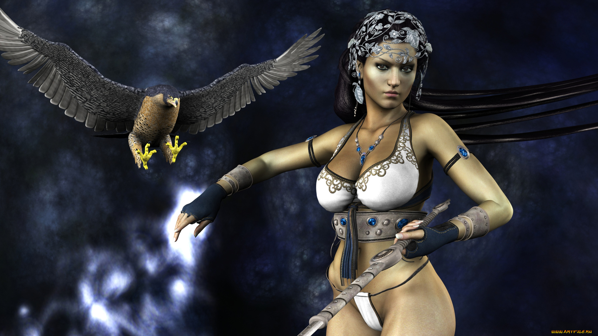 3д, графика, fantasy, фантазия, девушка, меч, орел