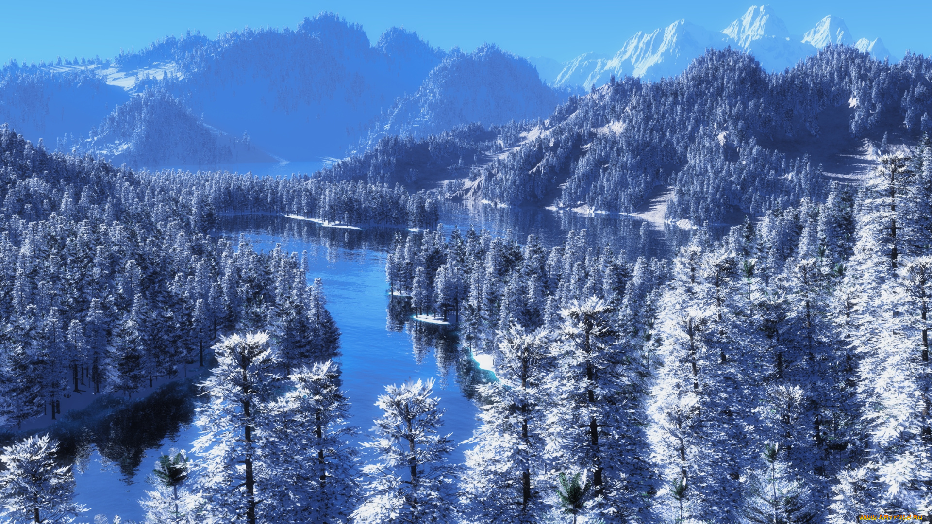 3д, графика, nature, landscape, природа, горы, река, лес