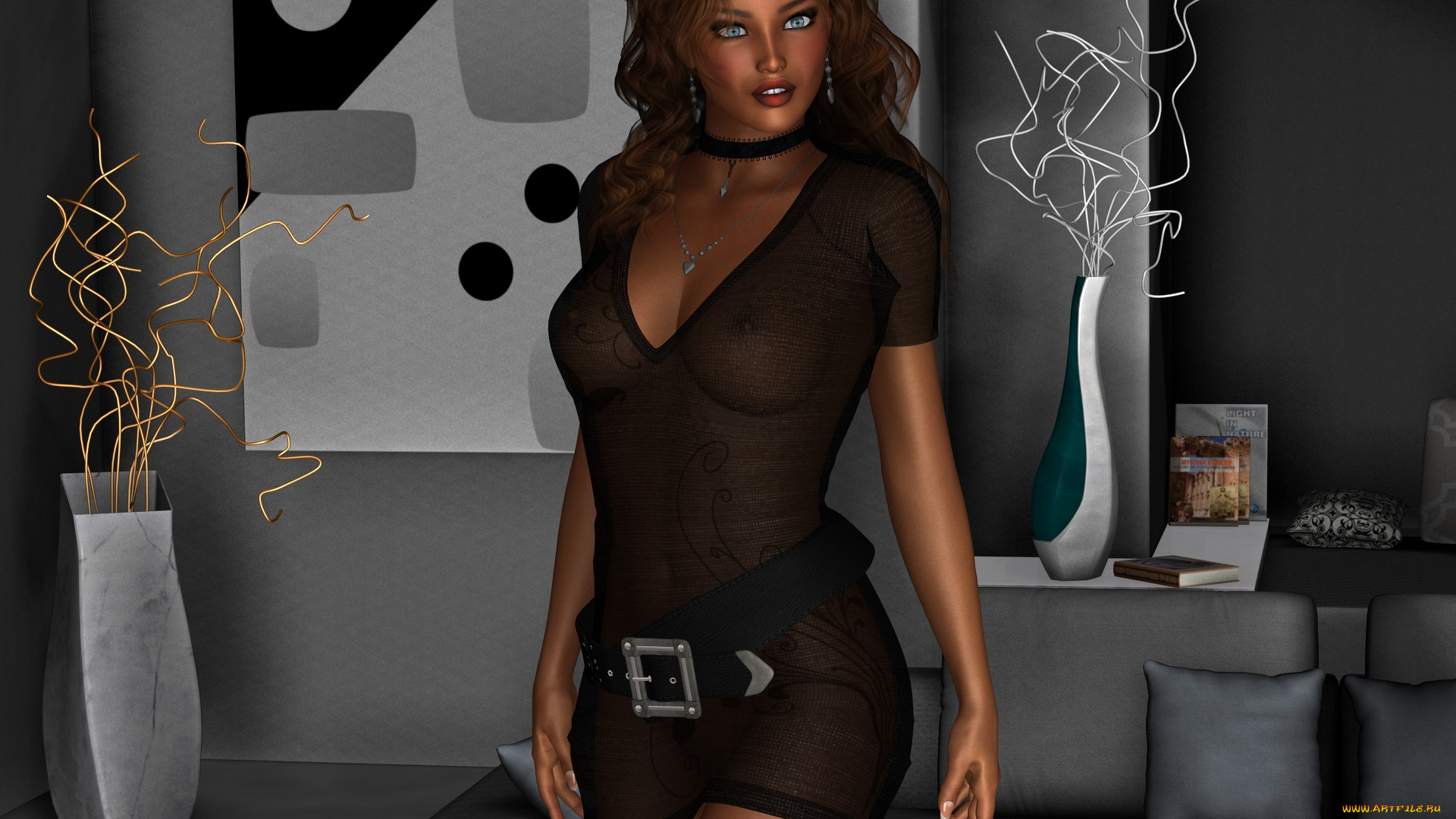 3д, графика, people, люди, подушки, диван, комната, девушка, взгляд