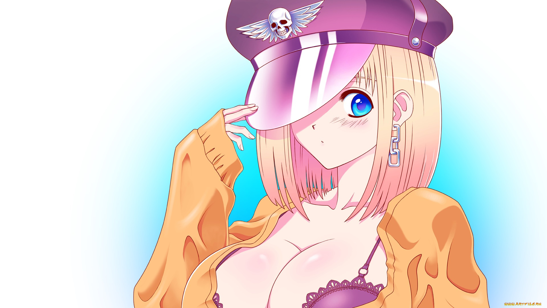 аниме, *unknown, другое, рука, глаза, девушка, шапка, череп