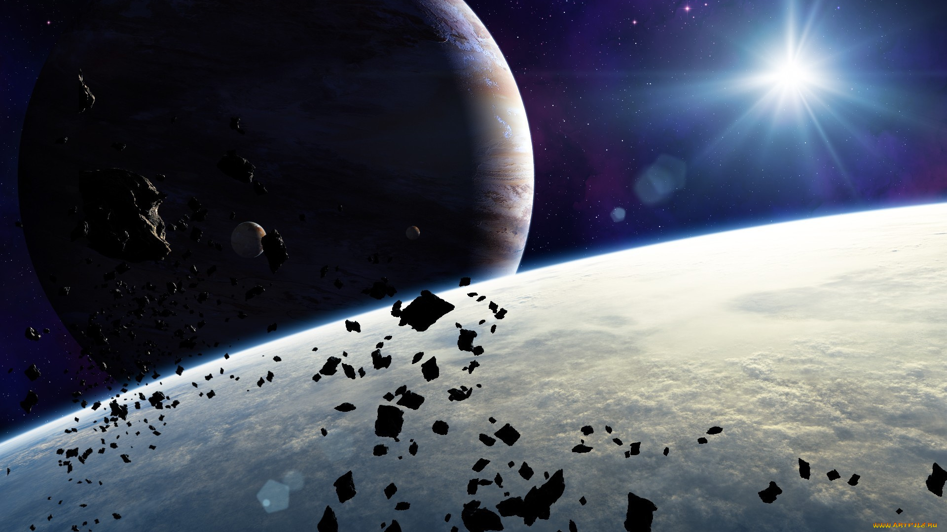 космос, арт, планеты, солнце, метеориты