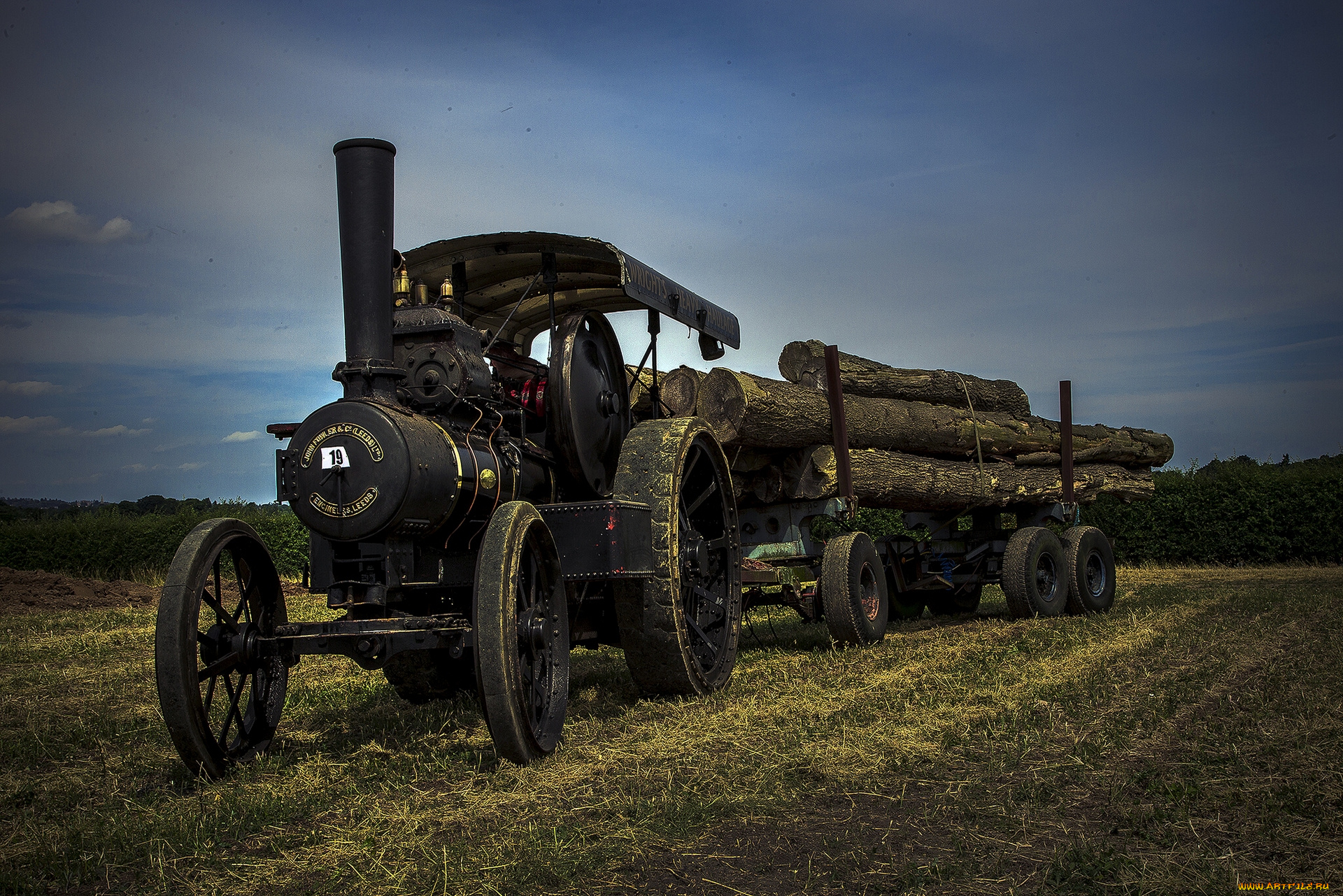 техника, тракторы, поле, прицеп, брёвна