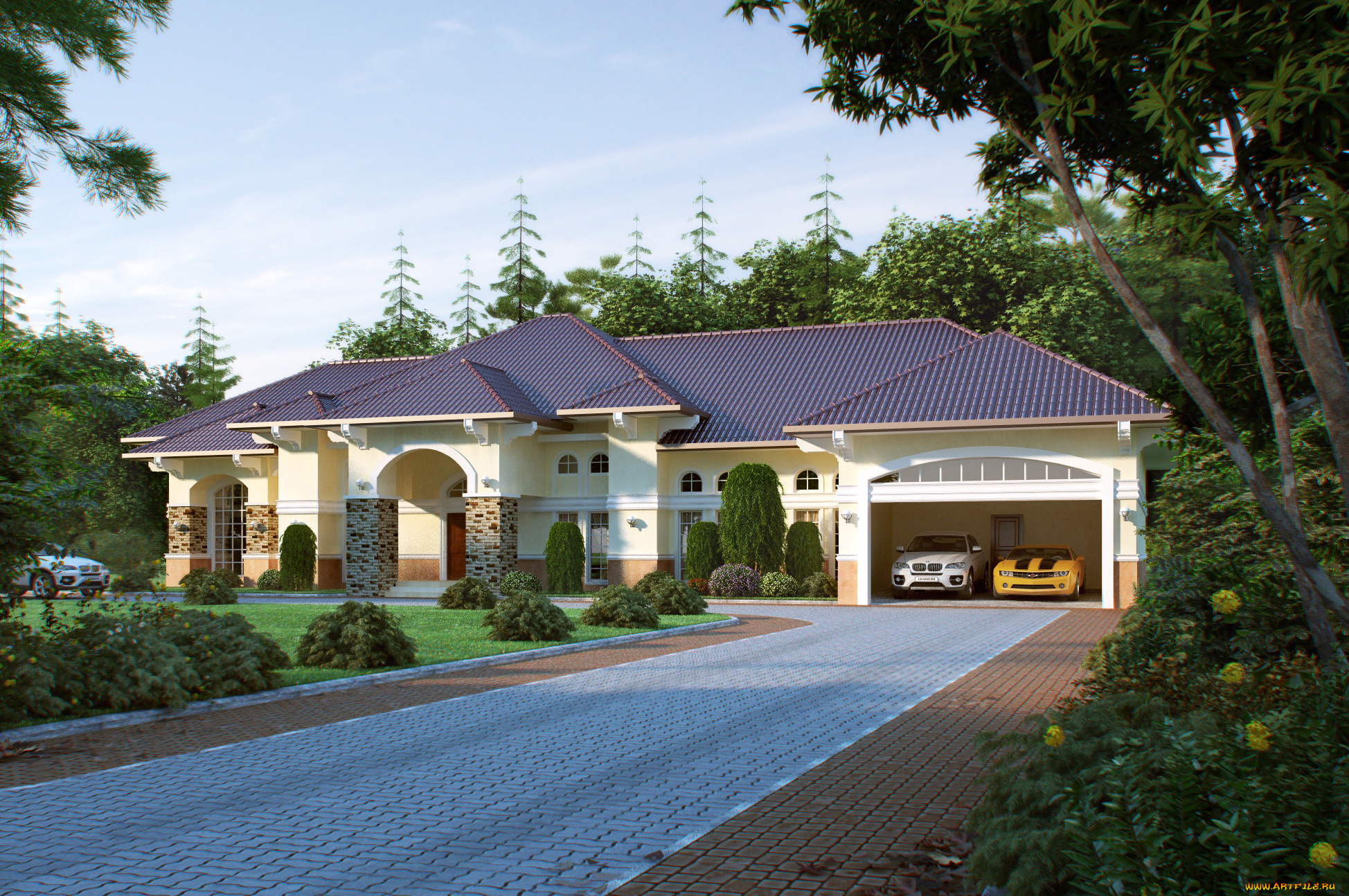 3д, графика, architecture, архитектура, дом, машины, деревья