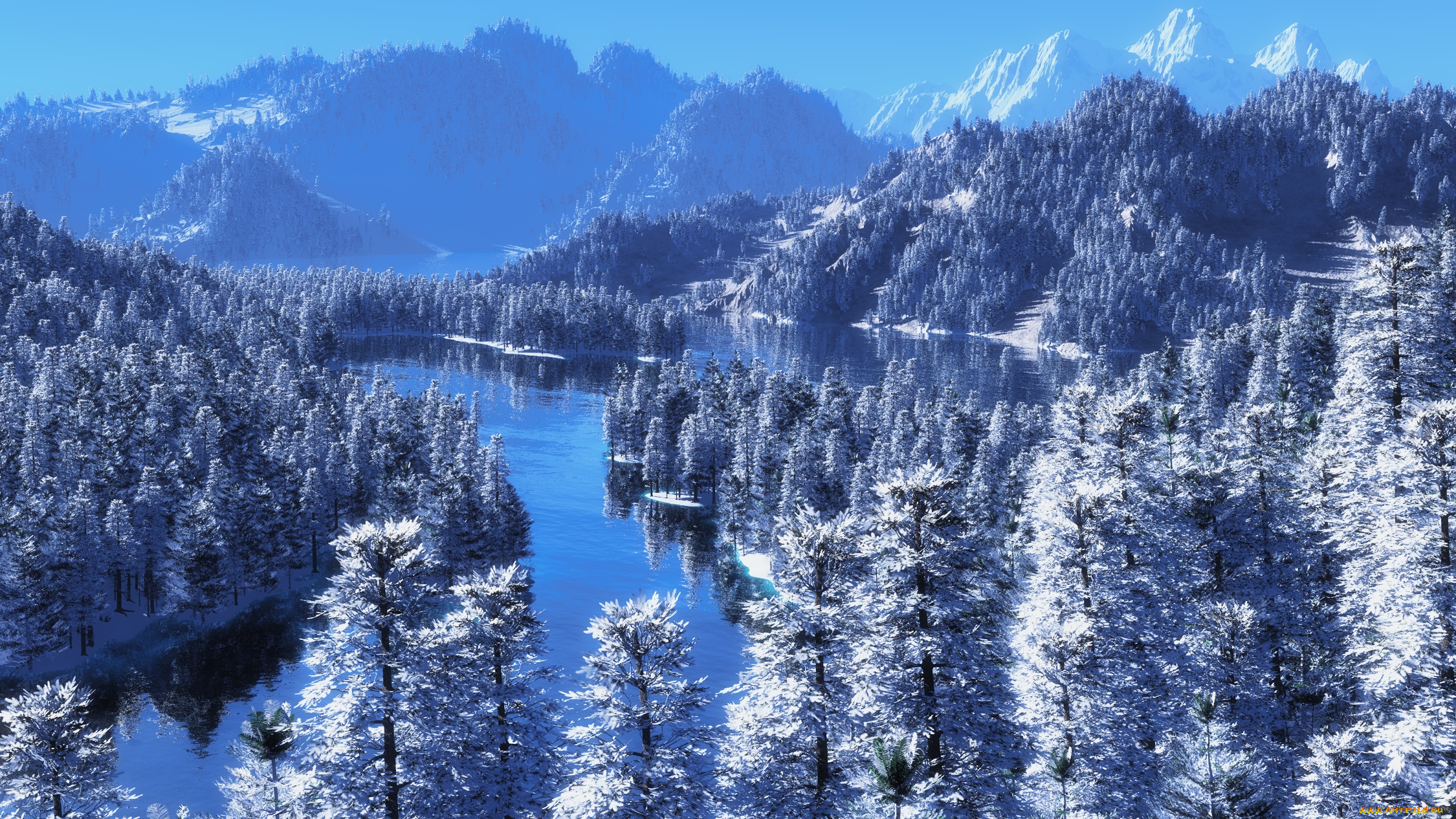 3д, графика, nature, landscape, природа, горы, река, лес