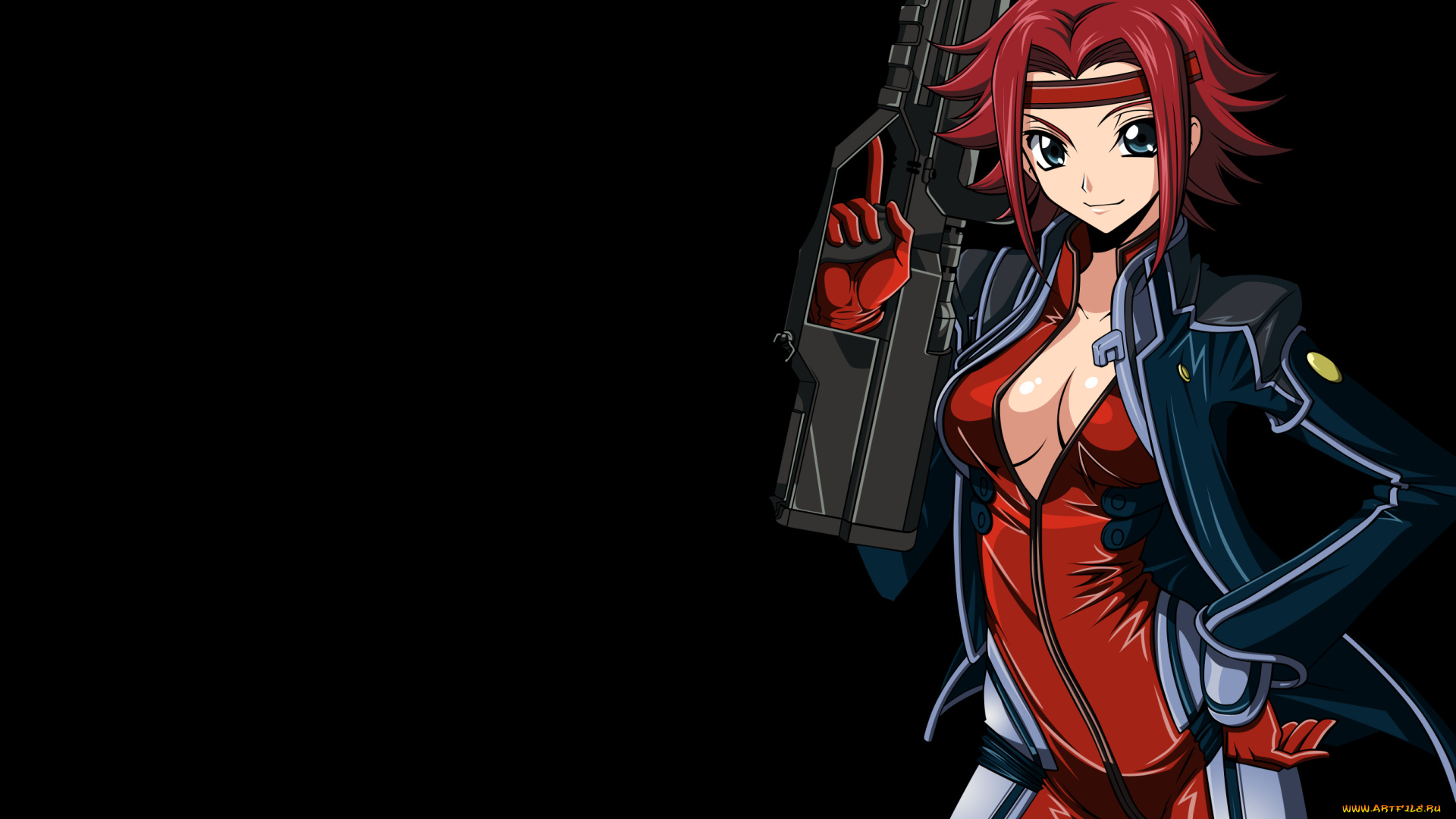 аниме, code, geass, чёрный, фон, девушка, оружие, красные, волосы, код, гиас