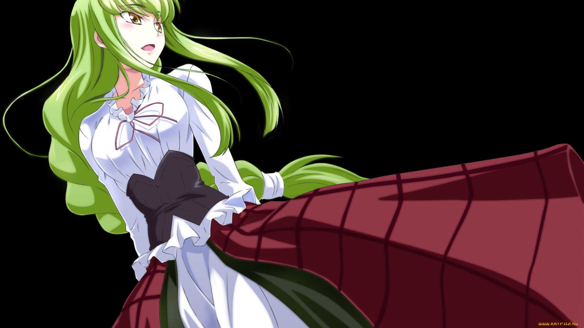 аниме, code, geass, код, гиасс, девушка, зелёные, волосы, чёрный, фон