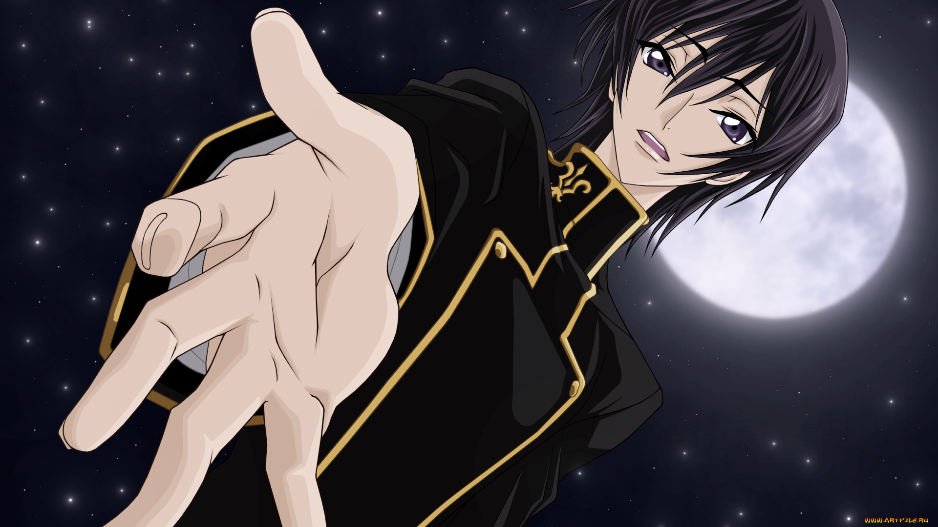 аниме, code, geass, луна, небо, ночь, парень, рука, код, гиасс, звёзды