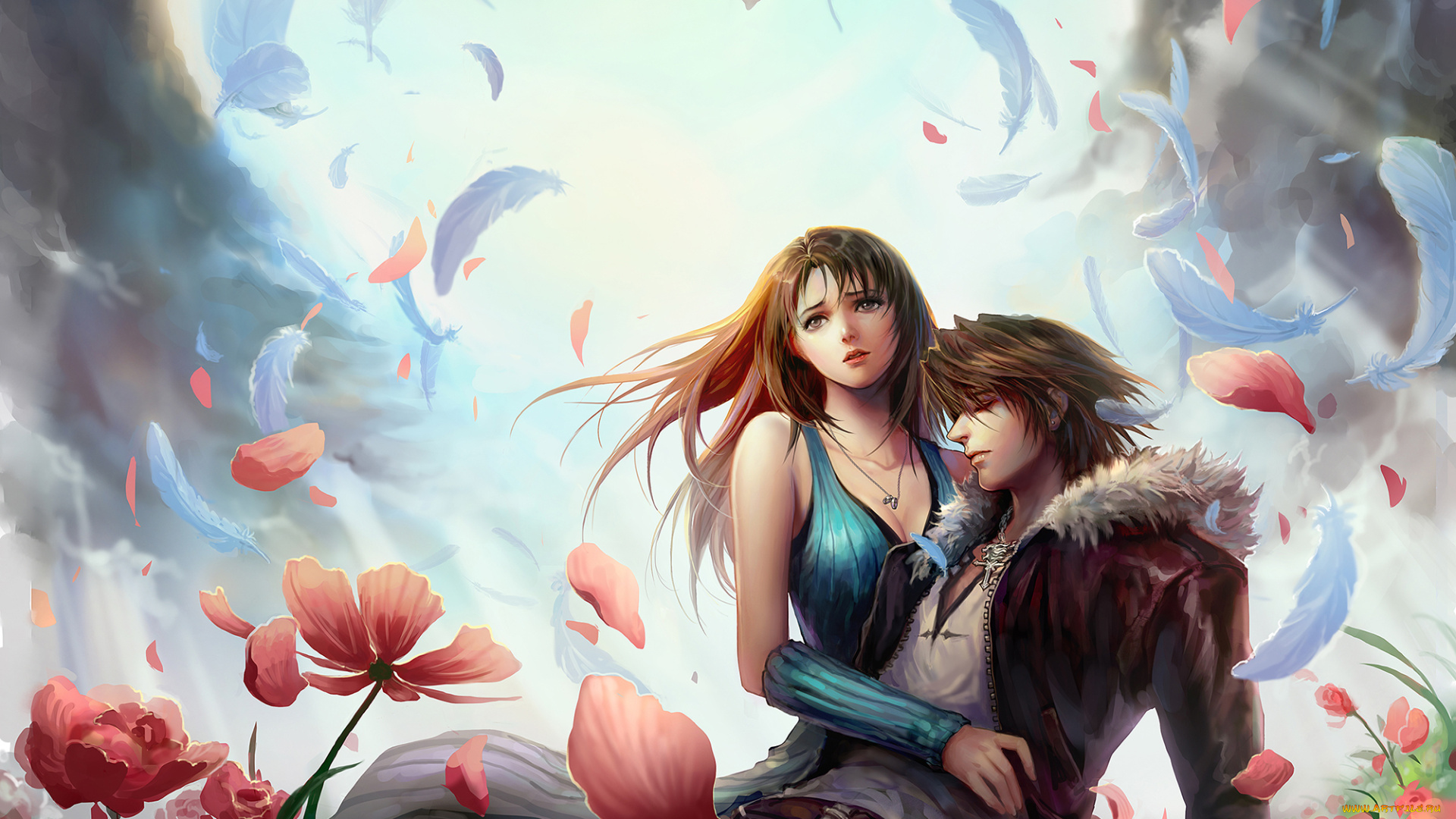 аниме, final, fantasy, парень, девушка, арт, final, fantasy, лепестки, перья