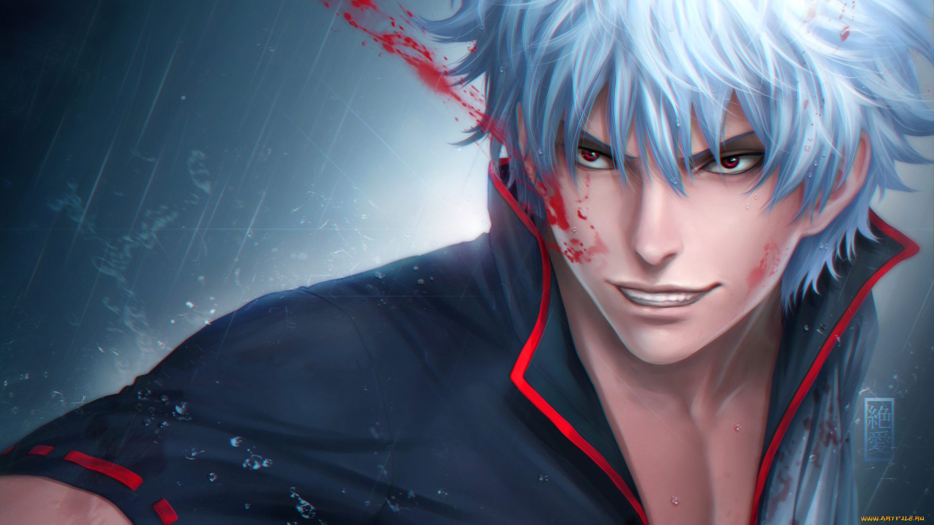 аниме, gintama, art, раны, кровь, улыбка, gintoki, sakata, парень, zetsuai89