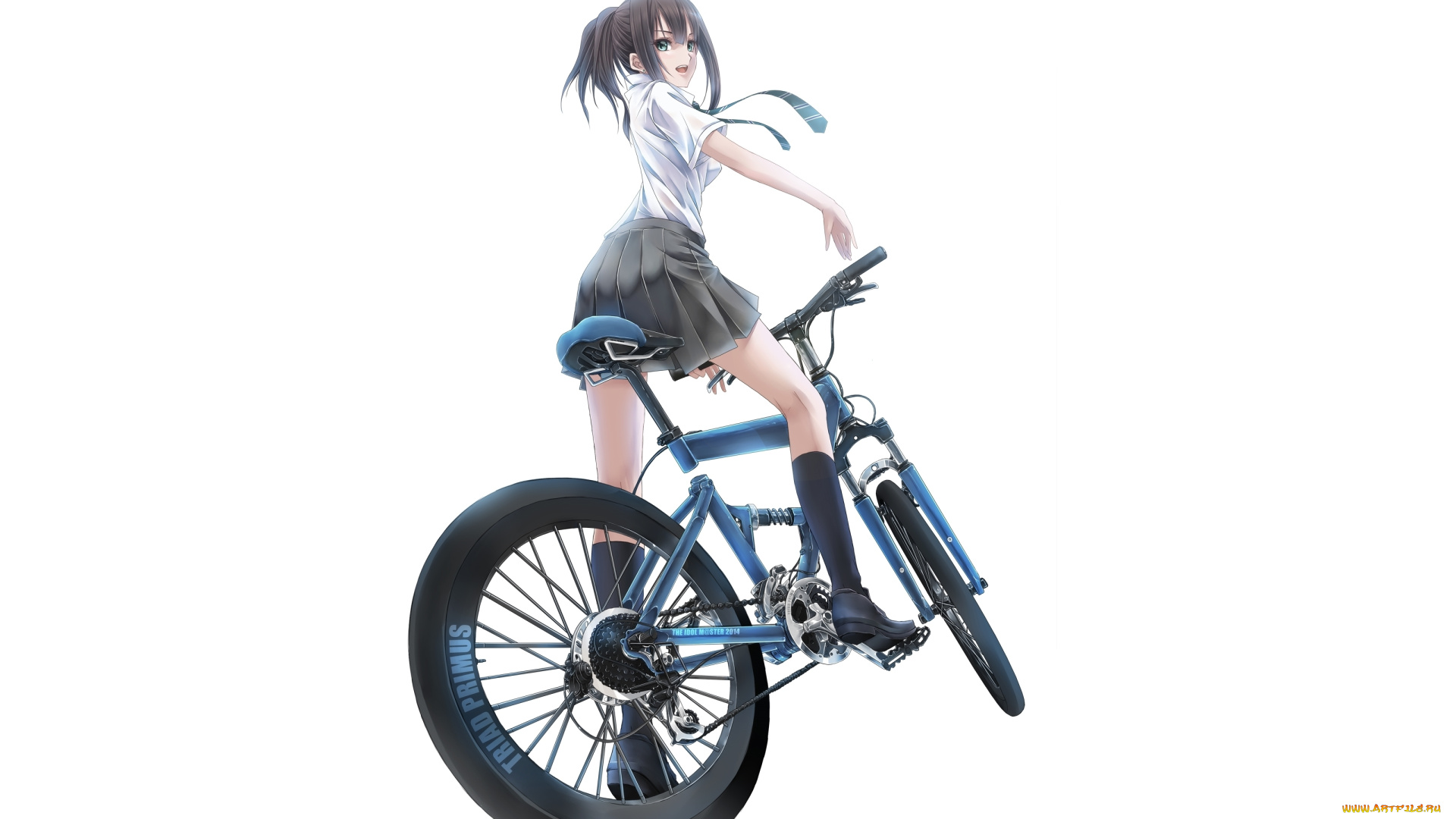 аниме, idolm@ster, простой, фон, велосипед, форма, idolmaster, взгляд, девушка, futami, kito, art, shibuya, rin