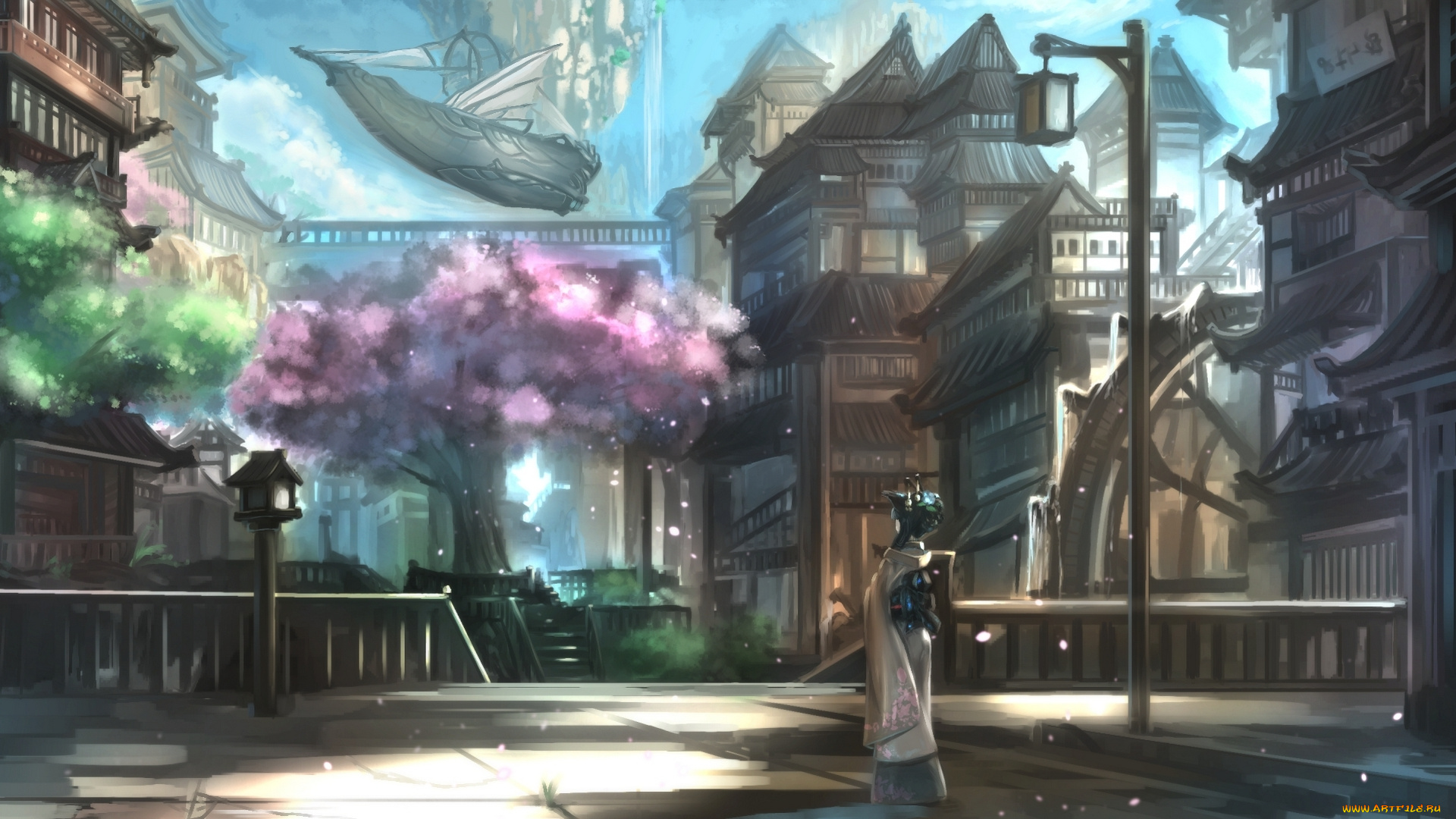 аниме, корабль, , улицы, &, technology, город, фантастика, водопад, ушки, неко, девушка, art, kikivi, сакура