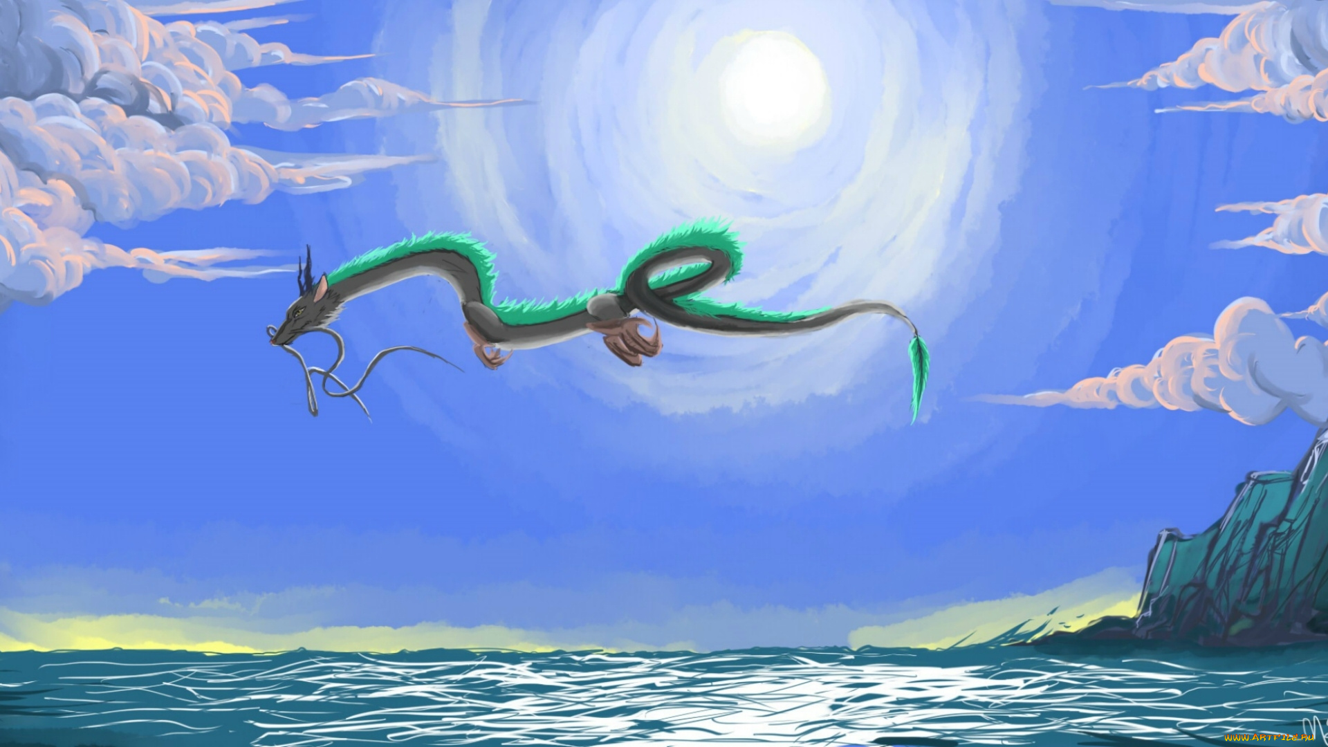 аниме, spirited, away, spirited, away, небо, унесенные, призраками, дракон, haku, море, облака