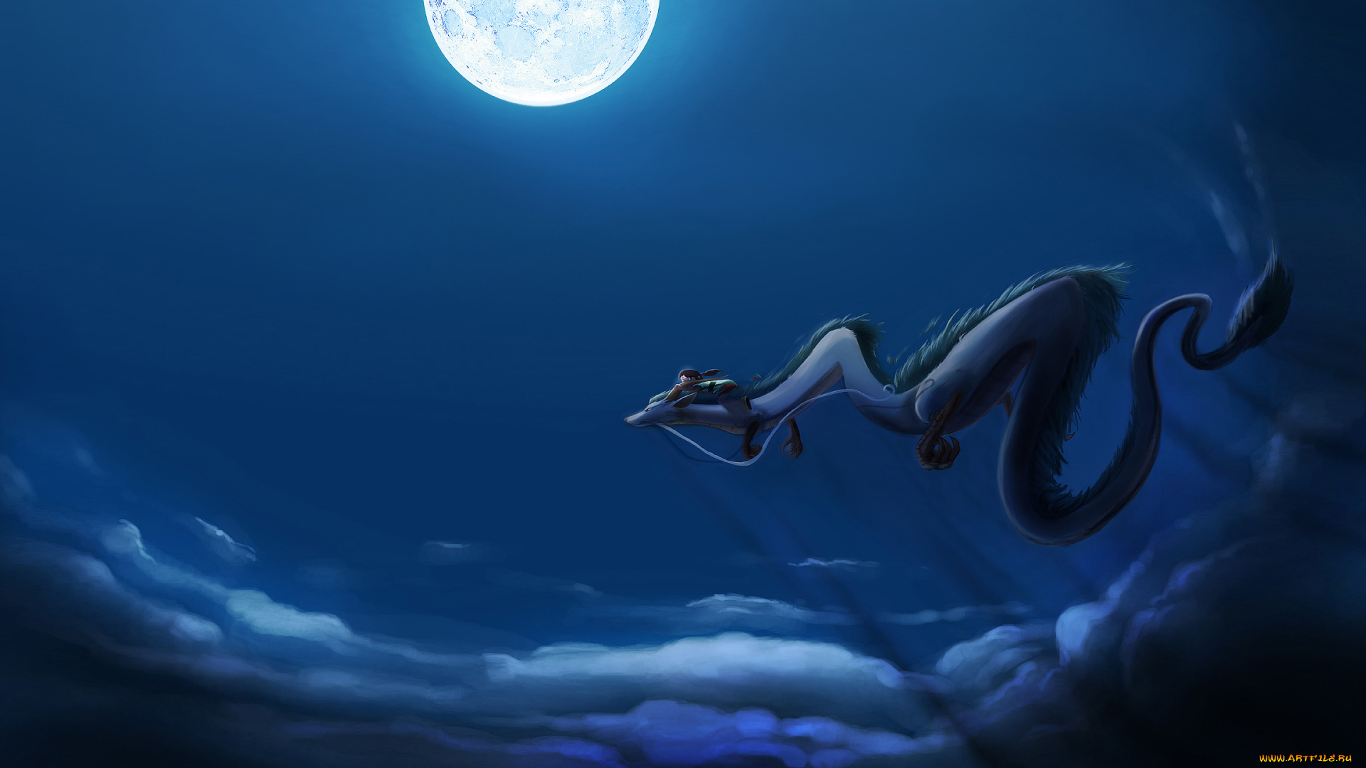аниме, spirited, away, унесенные, призраками, дракон, луна, полет