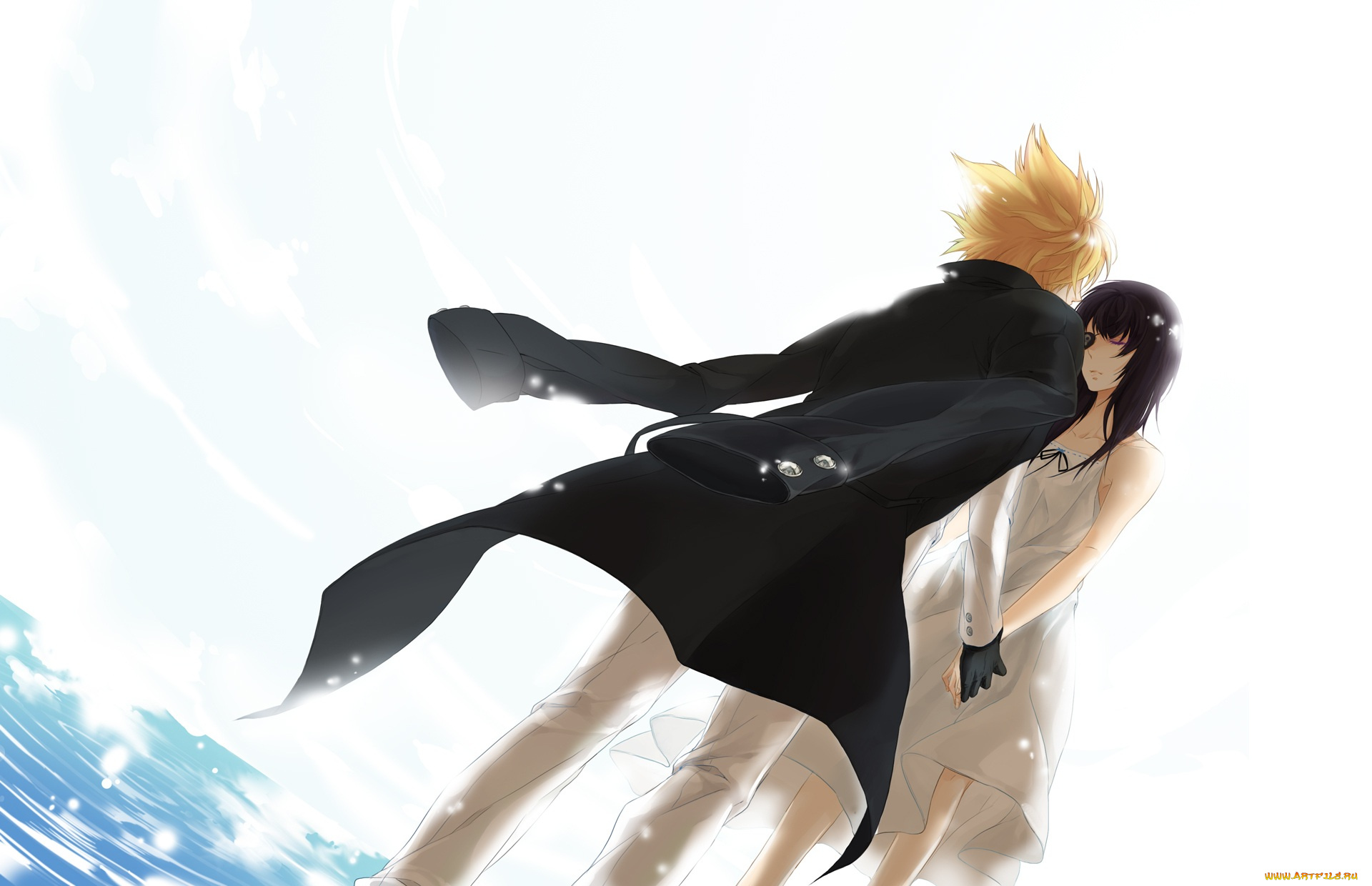 аниме, katekyo, hitman, reborn, парень, примо, девушка, брюнетка, пальто, вода, белый, фон