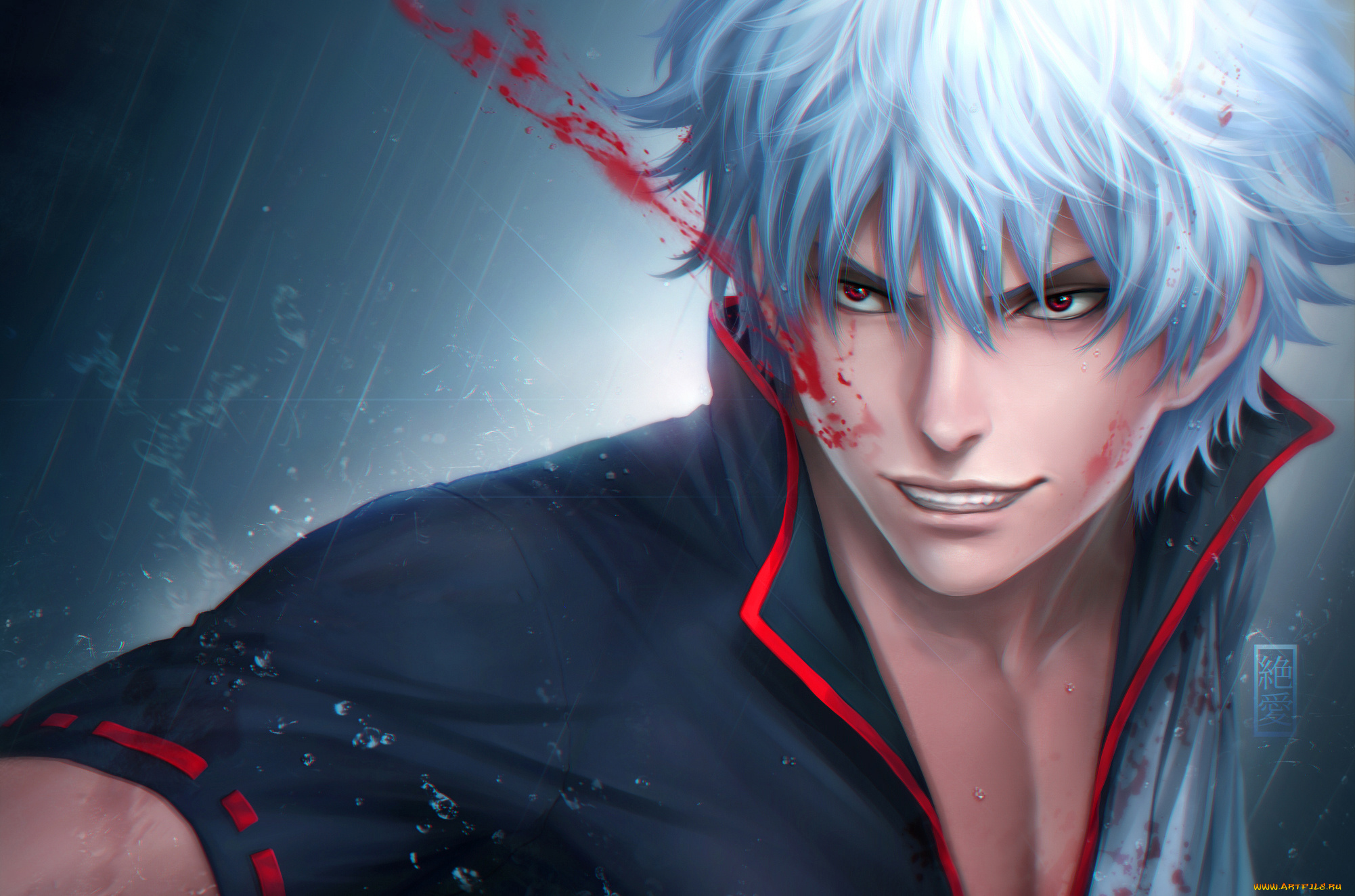 аниме, gintama, art, раны, кровь, улыбка, gintoki, sakata, парень, zetsuai89