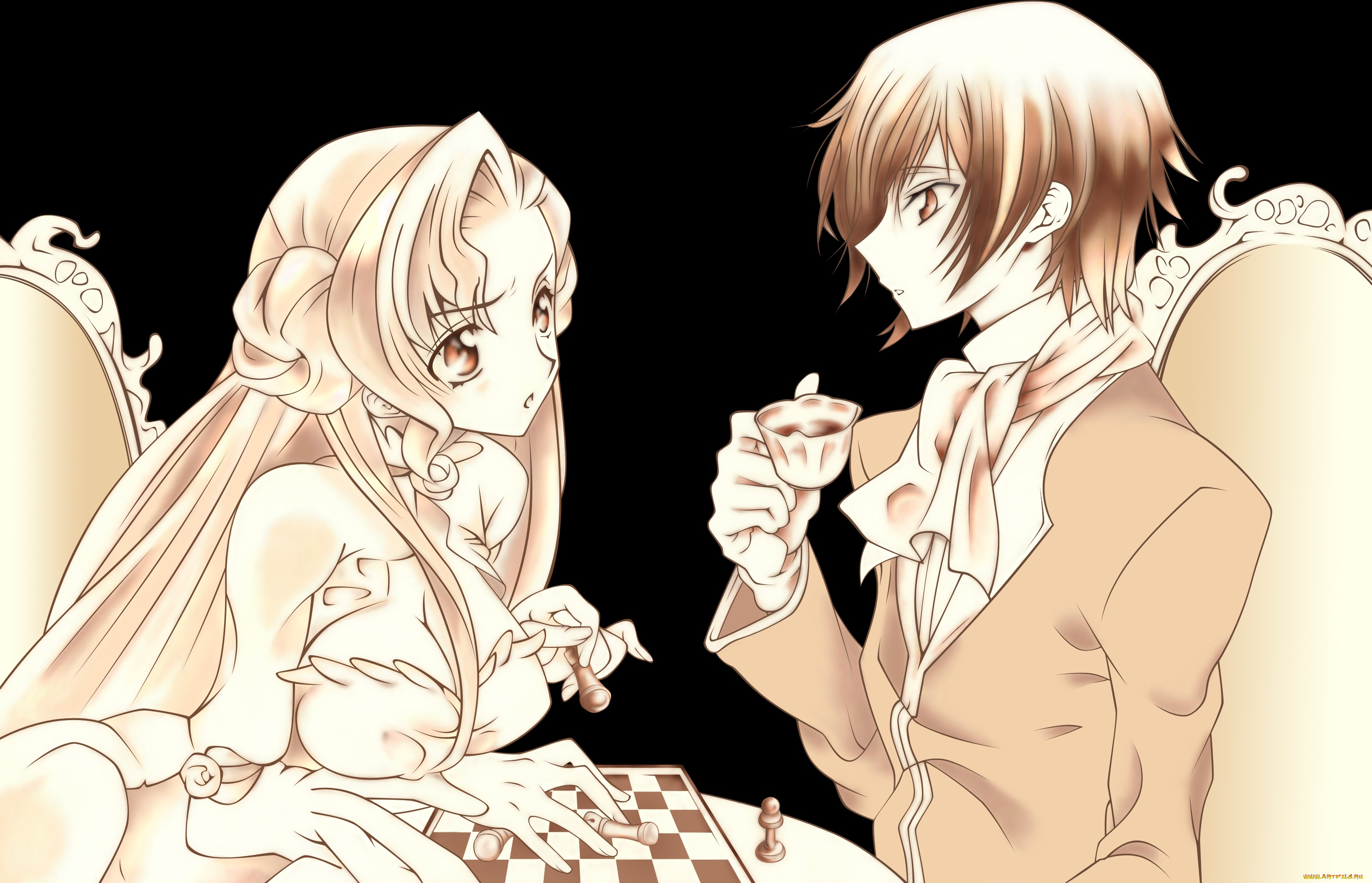 аниме, code, geass, сепия, парень, чёрный, фон, девушка, код, гиасс