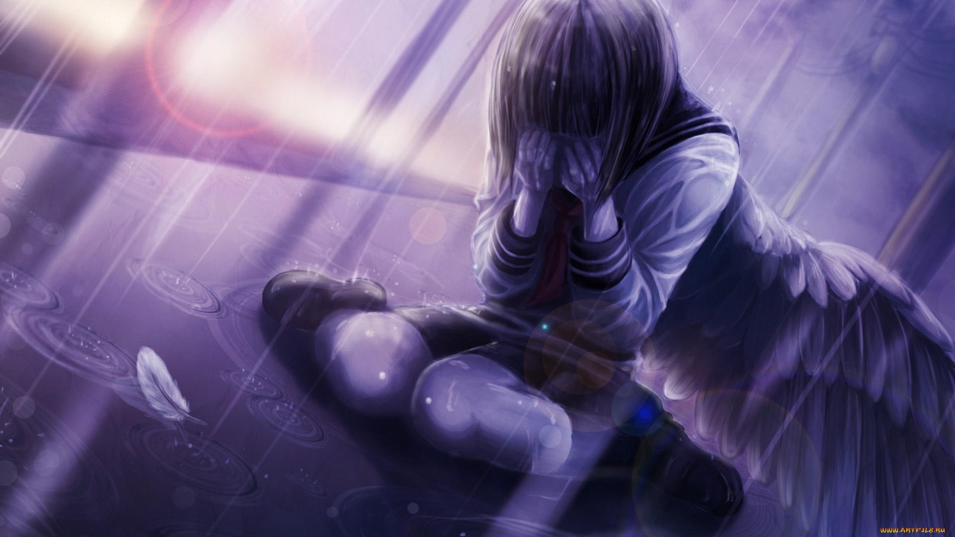 аниме, ангелы, , демоны, школьница, перья, крылья, дождь, девушка, форма, yinzhi, арт