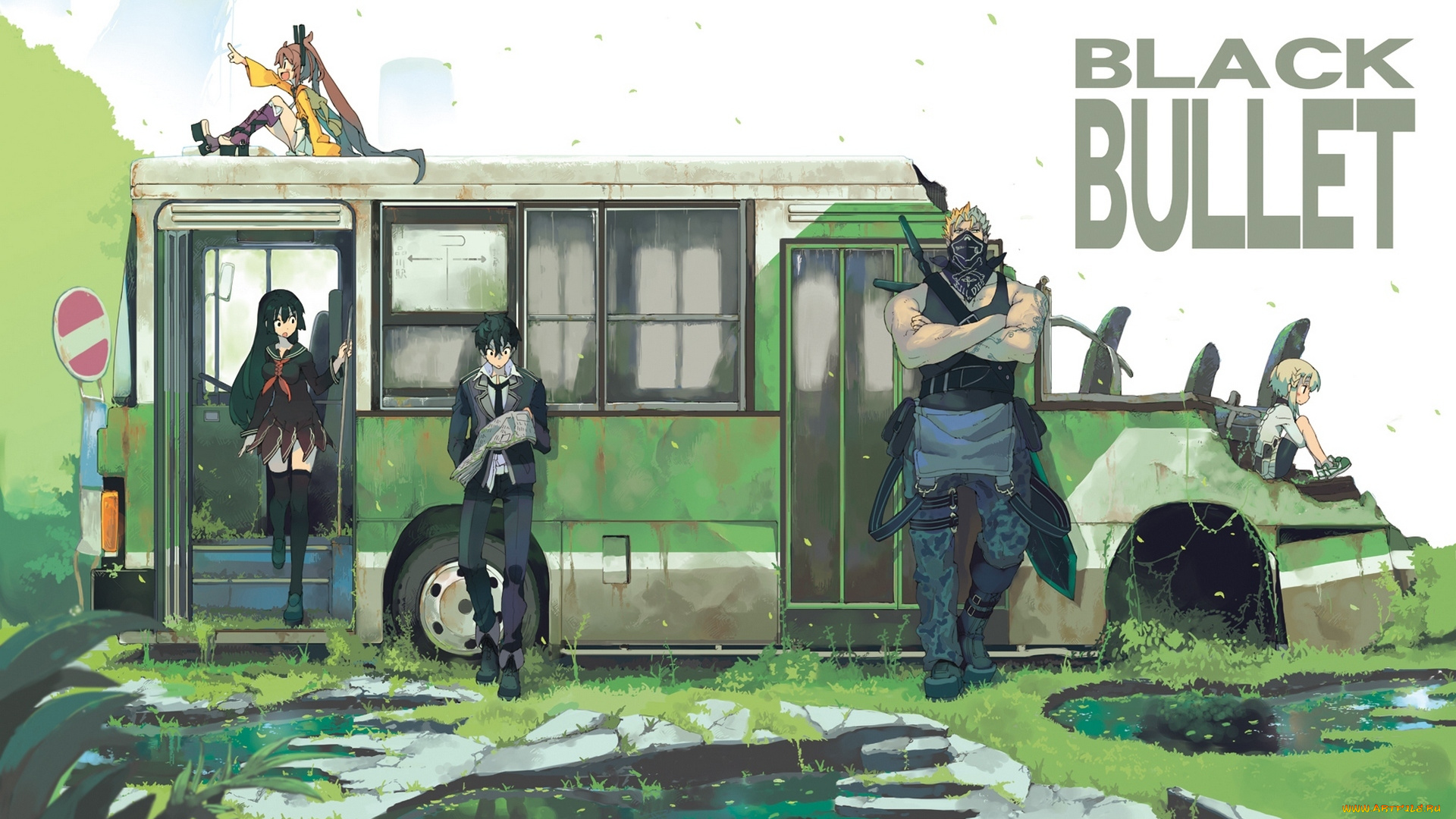 аниме, black, bullet, black, bullet, morino, hon, арт, tendou, kisara, aihara, enju, знак, школьники, автобус, парни, девушки, ikuma, shougen, senju, kayo, satomi, rentarou