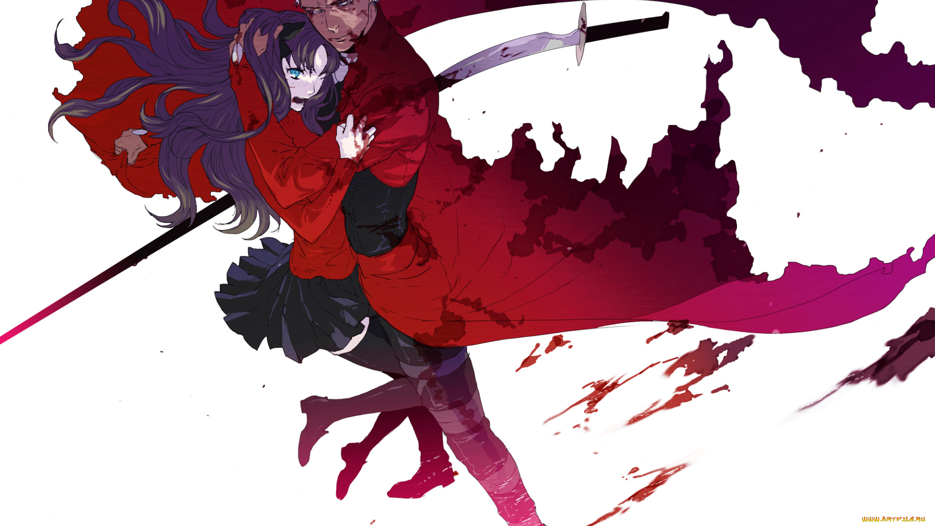 аниме, fate, stay, night, кровь, седой, меч, archer, пятна, stay, night, rin, tohsaka