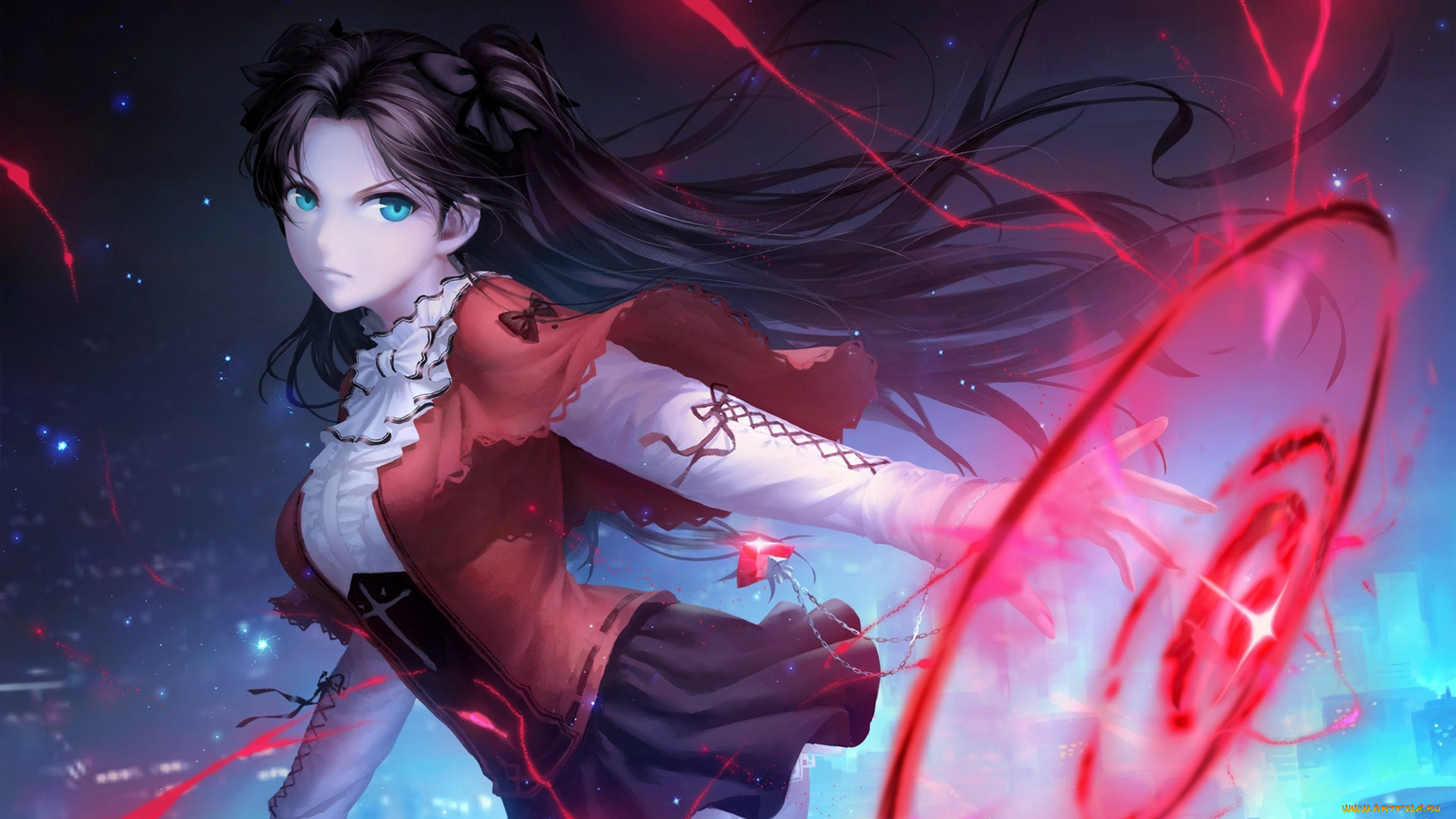 аниме, fate, stay, night, кулон, дома, город, магия, tohsaka, rin, девушка, stay, night, цепочка, cangkong, арт